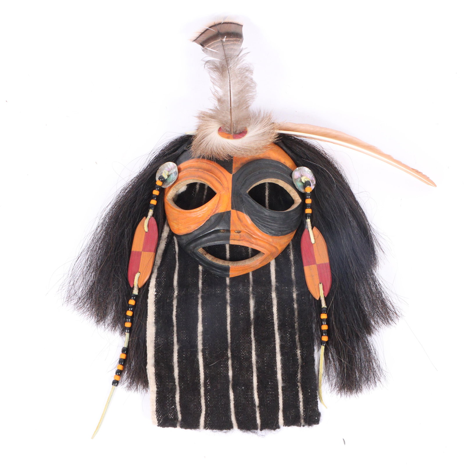 Gerard Tsonakwa (b. 1943) Abenaki Native American Indigenous ?Samosett Zogemo? carved and painted: Gerard Tsonakwa (b. 1943) Abenaki Native American Indigenous ?Samosett Zogemo? carved and painted spirit mask with applied feathers, fur, horse hair, and beads, 2002 Signed and dated verso. Alphanumer