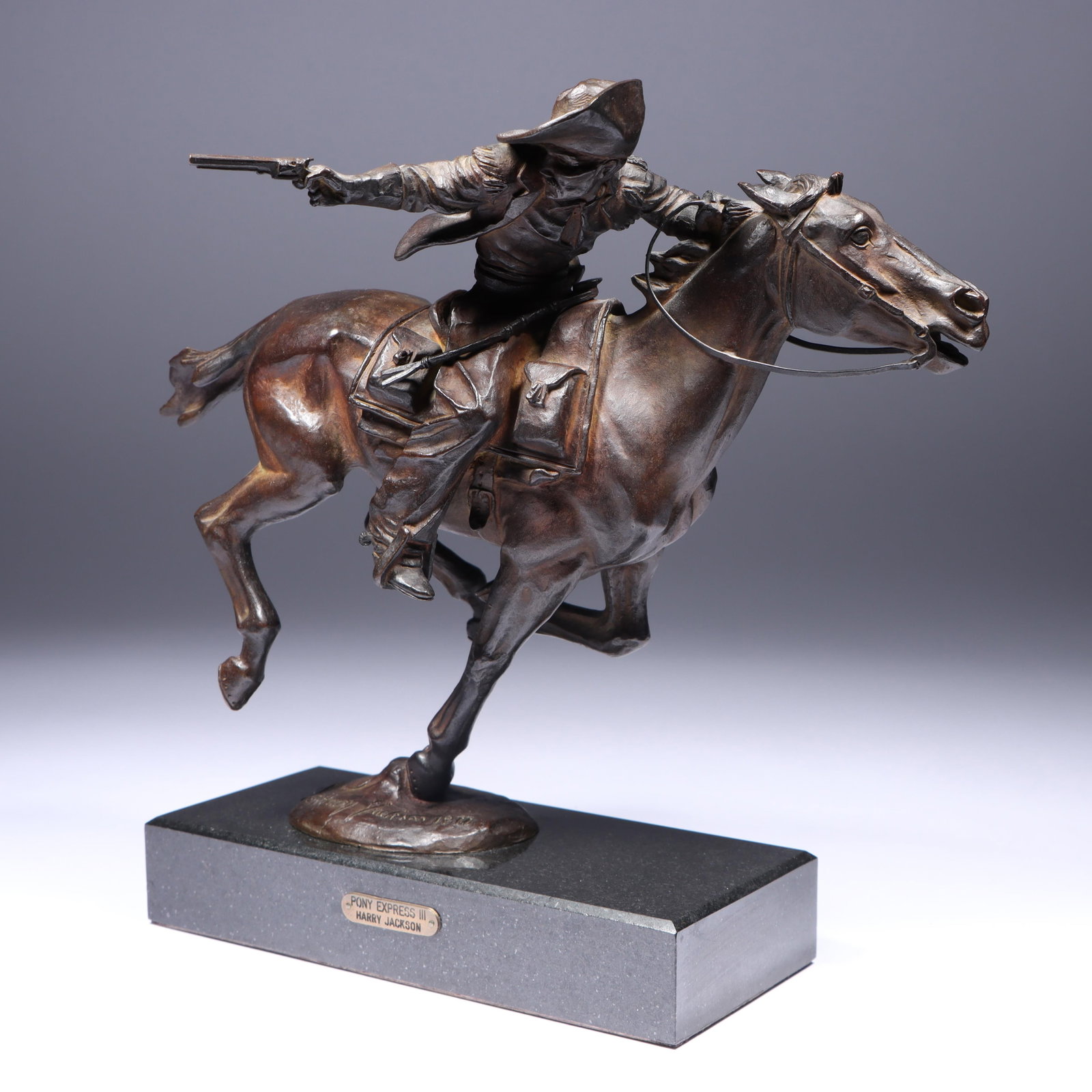 Harry Andrew Jackson, American (1924-2011), Pony Express III, 1977, bronze, 9 1/2"H x 10 1/2"W: Harry Andrew Jackson American (1924-2011) Pony Express III, 1977 bronze mounted on a marble base. Incised signature and date at base, edition 214, WFS Italia foundry stamp. Biography from the Archives