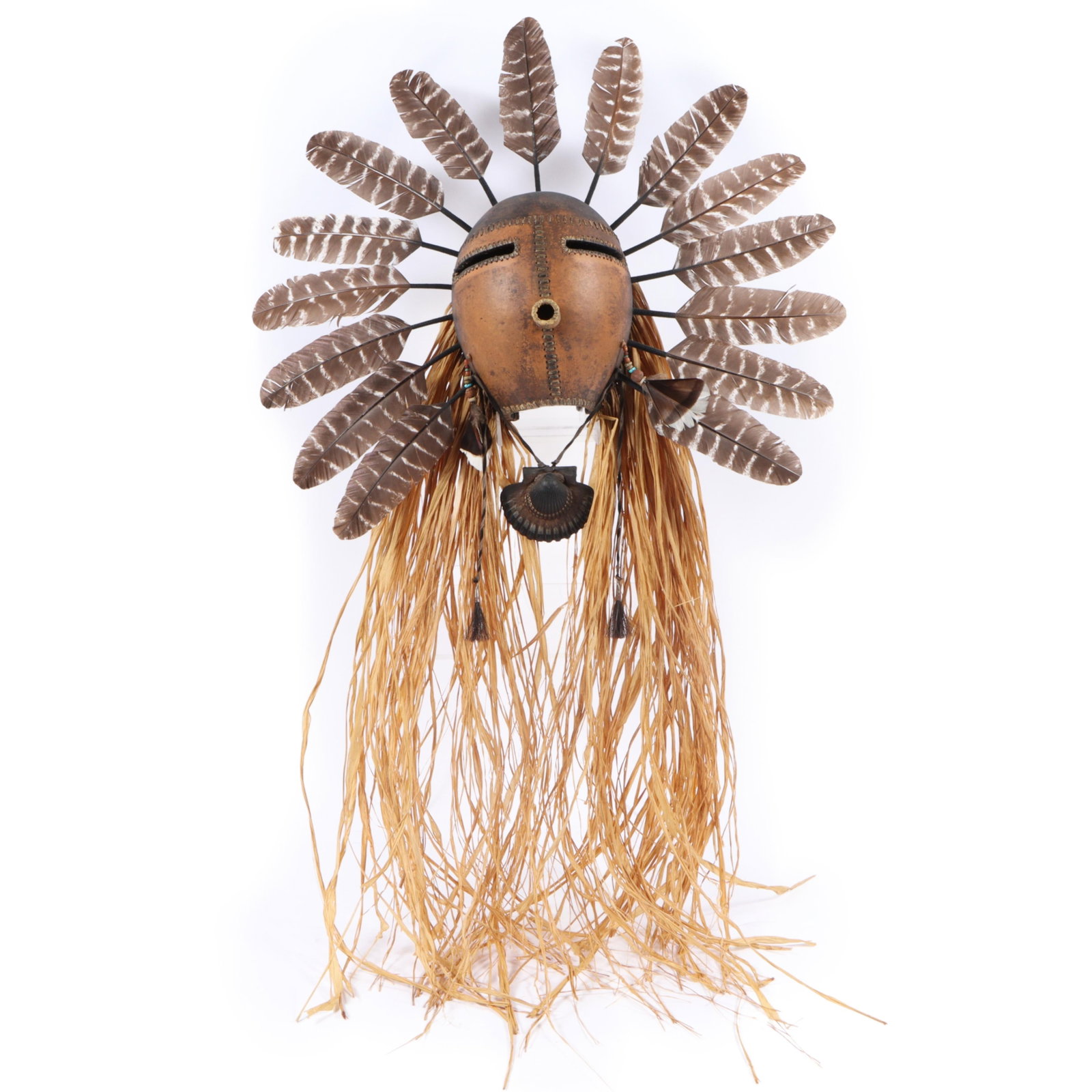 Robert Rivera (20th/21st century) Southwestern ?Raffia Mask? gourd mask with applied feathers, (1 of 11)