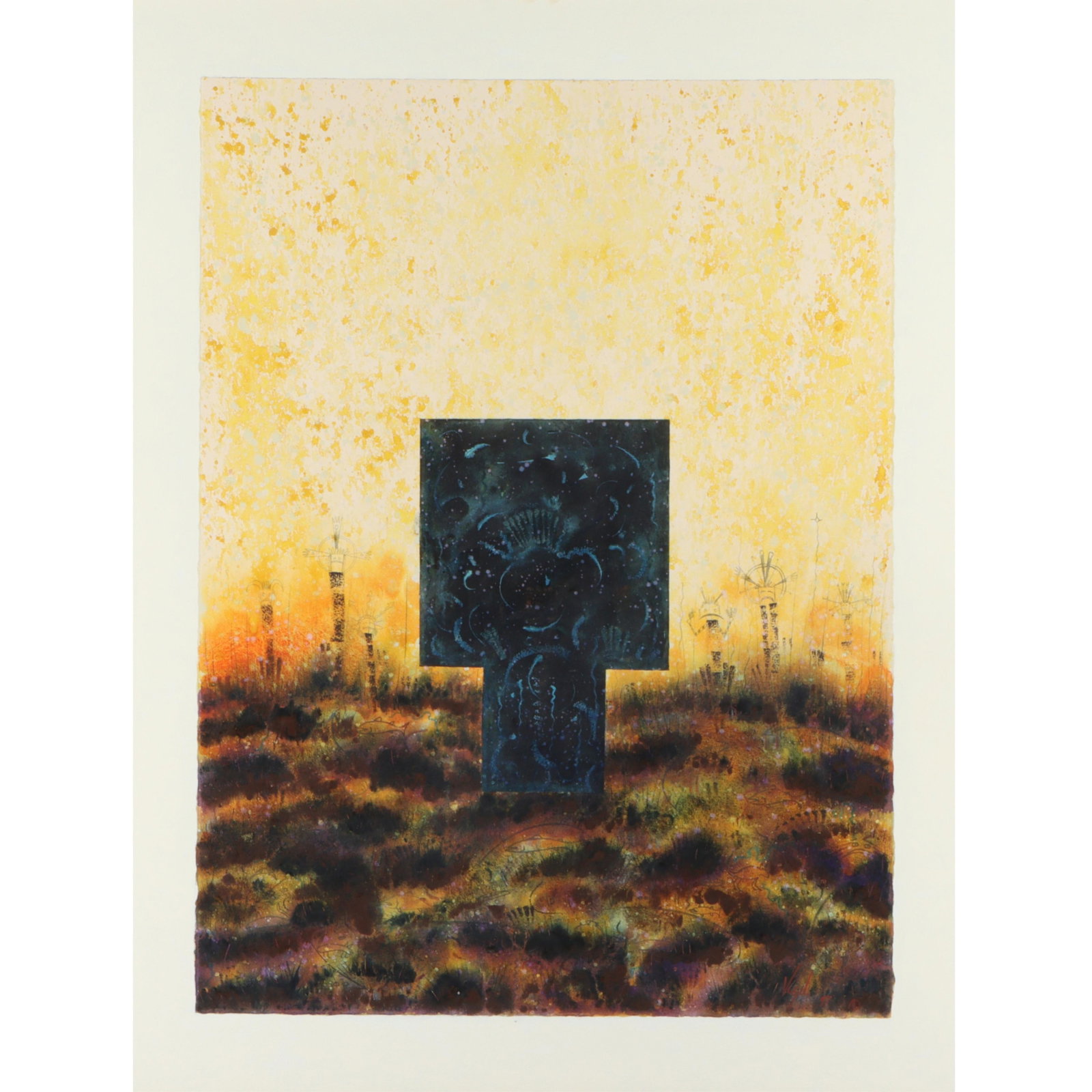 Felix Vigil, American (20th/21st Century), Morning Sun at Chaco, 1997, acrylic mixed media on paper: Felix Vigil American (20th/21st Century) Morning Sun at Chaco, 1997 acrylic mixed media on paper mounted to canvas Signed and dated lower right. Provenance: purchased from the artist 6/97 35 3/4"H x 2