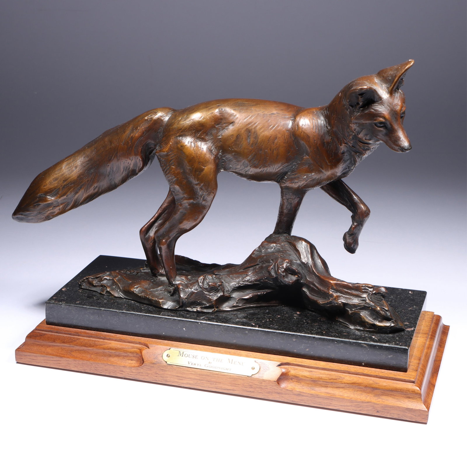 Veryl Goodnight, American (b. 1947), Mouse on the Menu, 2009, bronze, 10"H x 14"W x 6"D: Veryl Goodnight American (b. 1947) Mouse on the Menu, 2009 bronze Incised signature and date at base, numbered 12/30. Provenance: purchased at Eiteljorg "Quest" Sale, 9/2009. Biography from Mark Suble