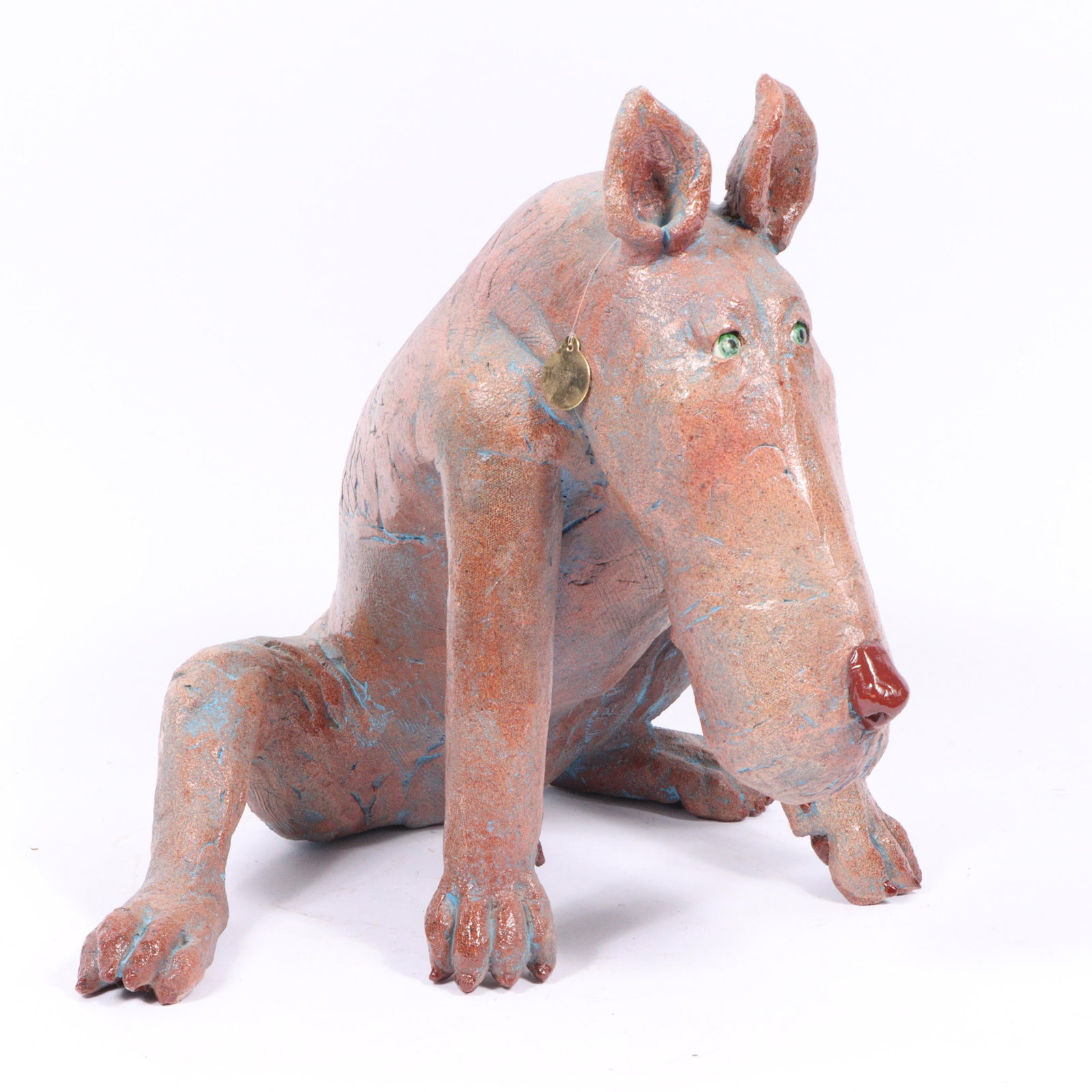 Roberta Laidman, American (b. 1943), Duncan, recumbent dog sculpture, ceramic polychrome pottery (1 of 16)