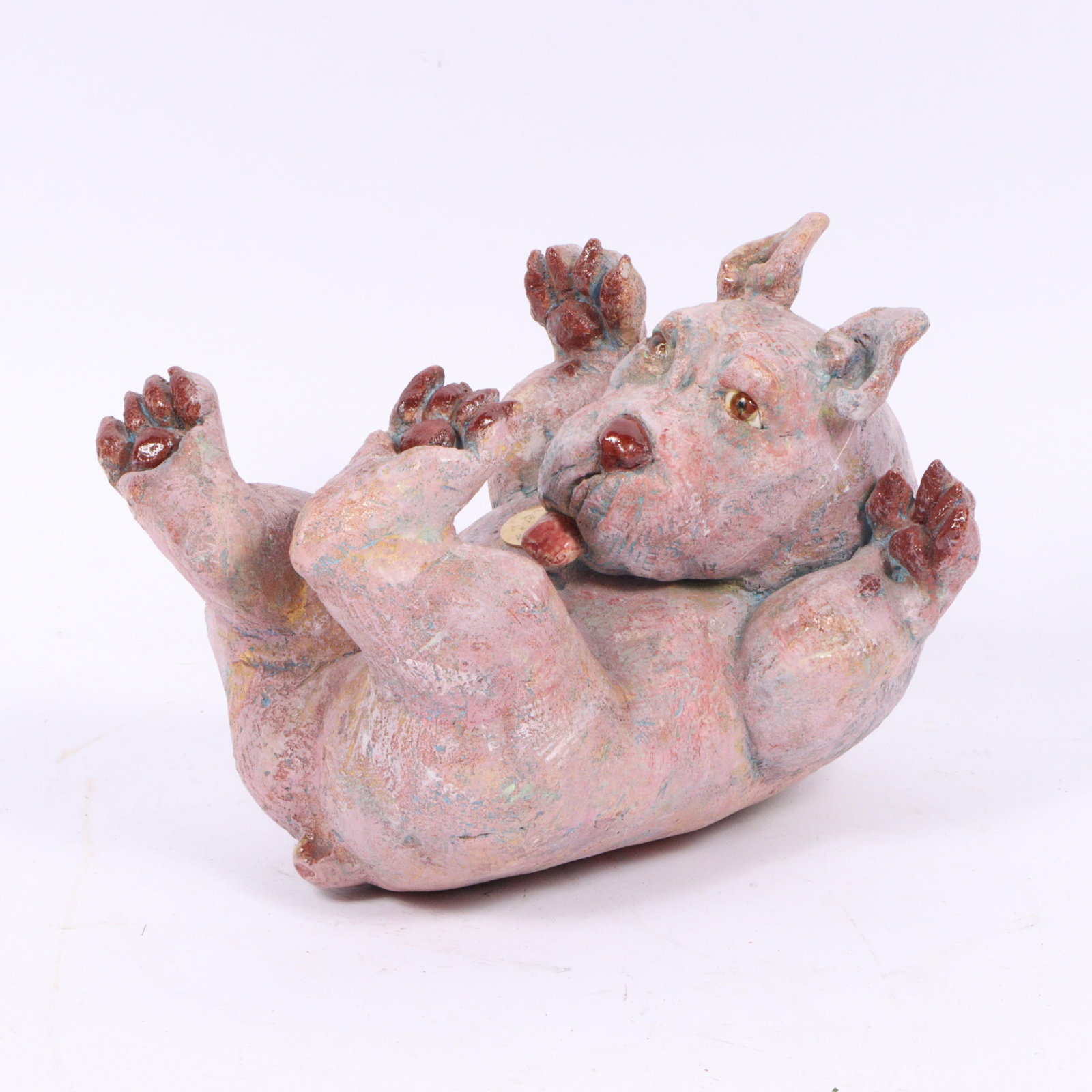Roberta Laidman, American (b. 1943), Biff, reclined dog sculpture, ceramic polychrome pottery: Roberta Laidman American (b. 1943) Biff, reclined dog sculpture ceramic polychrome pottery figure Provenance: purchased from the Village Gallery, Scottsdale, AZ Biography from Canton Museum of Art Lai