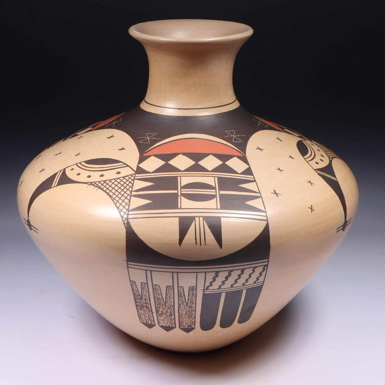 Fawn Navasie (b. 1959) Hopi Native American polychrome vase jar with geometric design, 7 1/4"H x 7: Fawn Navasie (b. 1959) Hopi Native American polychrome vase jar with geometric design signed under base. Very minor nicks. The vase has a wide body with a narrow neck, typical of Southwestern pottery 