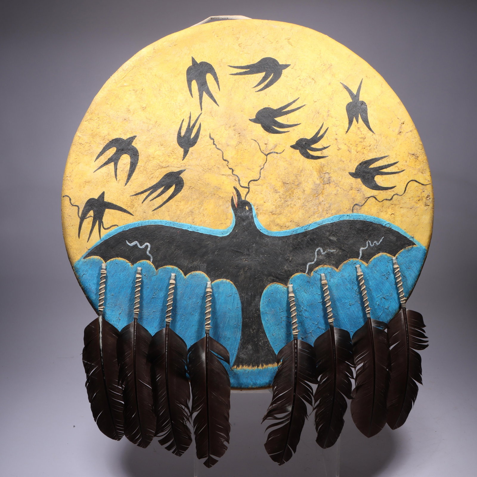 Native American style "First Rain" raven and swallows painted hide war shield with feathers, 25"H x (1 of 8)