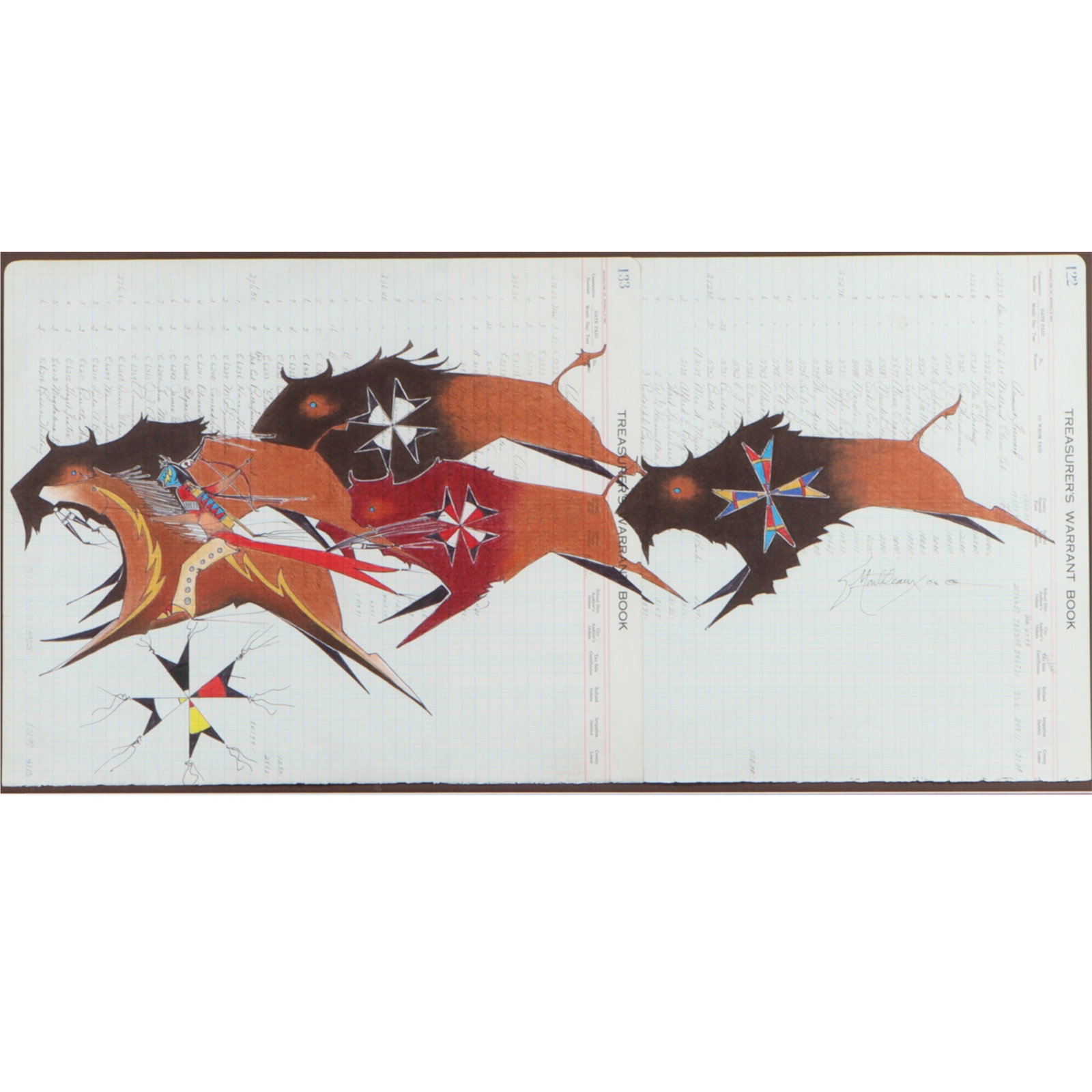 Donald Montileaux, Lakota (b. 1948), The Power of Tatanka (Buffalo), 2006, colored pencil and ink on: Donald Montileaux Lakota (b. 1948) The Power of Tatanka (Buffalo), 2006 colored pencil and ink on ledger paper Signed and dated lower right. Artist label verso. Biography from the Archives of askART D