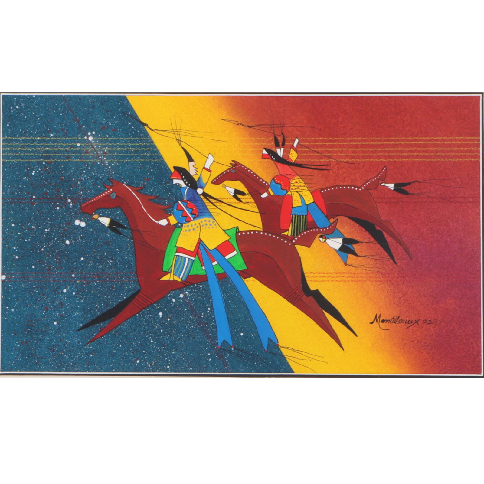 Donald Montileaux, Lakota (b. 1948), Lakota Warrior, 2003, mixed media on paper, 10 1/2"H x: Donald Montileaux Lakota (b. 1948) Lakota Warrior, 2003 mixed media on paper Signed and dated lower right and verso. Artist label verso. Provenance: purchased from Prairie Edge, 6/03 Biography from th