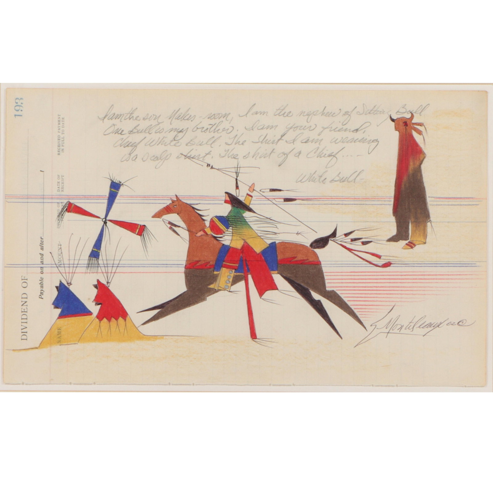 Donald Montileaux, Lakota (b.1948), White Bull, 2002, colored pencil and ink on ledger paper, 8: Donald Montileaux Lakota (b.1948) White Bull, 2002 colored pencil and ink on ledger paper Signed and dated lower right. Artist label verso. Provenance: purchased at Prairie Edge Fine Arts Gallery, Rap