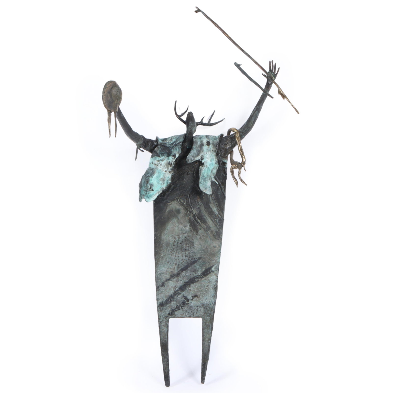 Bill Worrell, American (1936-2021), Antlered Caped Shaman, 1989, bronze and copper sculpture, 27"H x: Bill Worrell American (1936-2021) Antlered Caped Shaman, 1989 bronze and copper sculpture Signed and dated verso. Biography from the Archives of askART From Art, Texas, Bill Worrell creates art work t