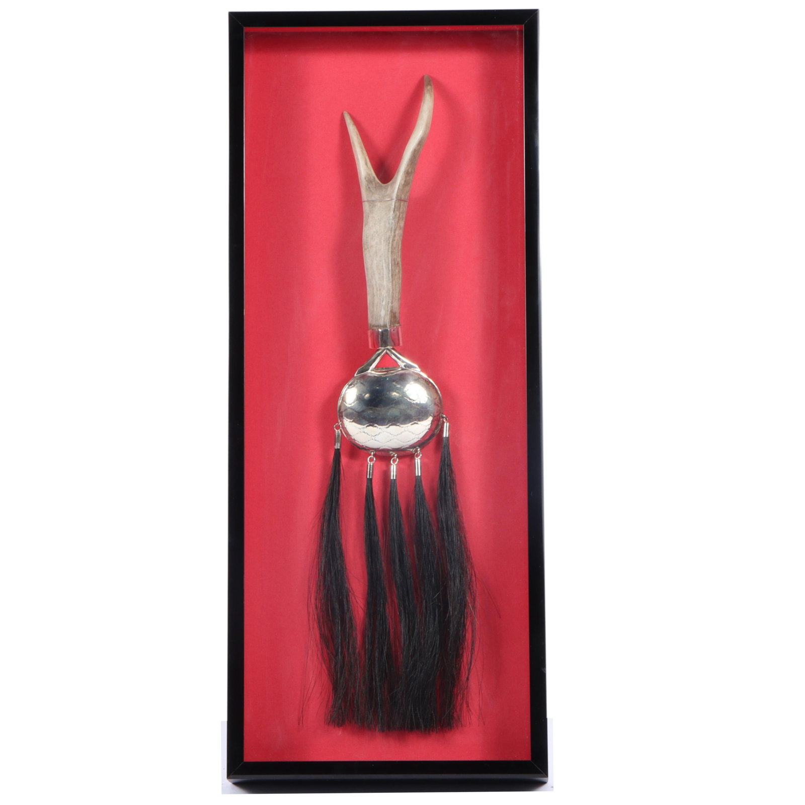 Nelda Schrupp (b. 1952) Pheasant Rump Nakota Native American sterling silver dance rattle with deer: Nelda Schrupp (b. 1952) Pheasant Rump Nakota Native American sterling silver dance rattle with deer antler handle and horse hair tassels Biography from Akta Lakota Museum & Cultural Center: Nelda Schr