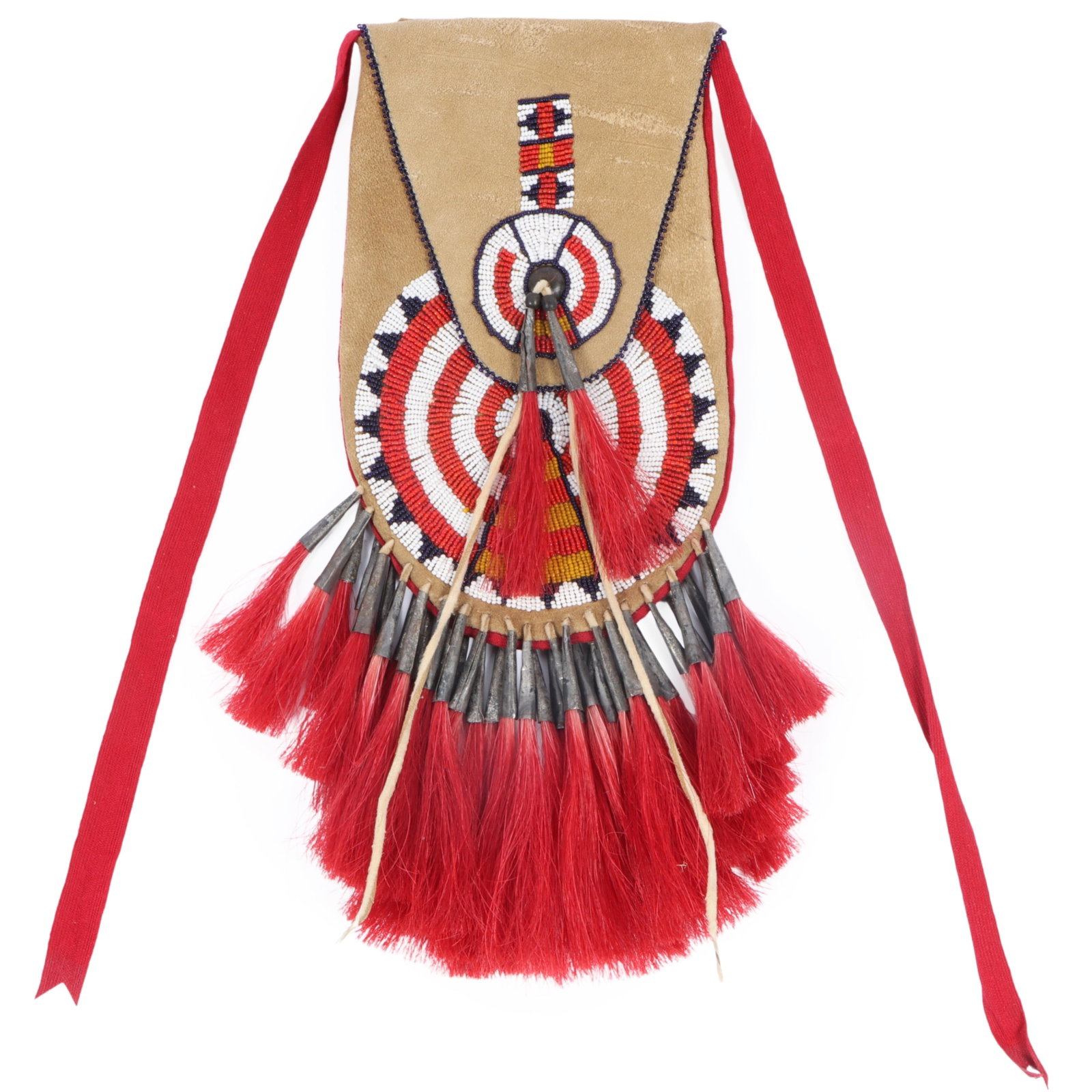 Dave and Diane Chambers Native American style beaded hide Bullseye bag with tin cone and horsehair (1 of 9)