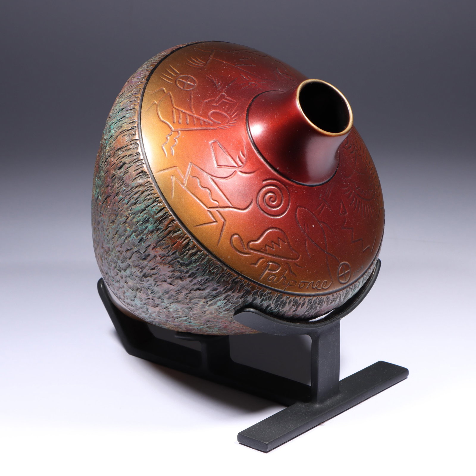 Pahponee (Kickapoo) "All My Relations" polychrome glazed bronze vessel with engraved petroglyphs,: Pahponee (Kickapoo) "All My Relations" polychrome glazed bronze vessel with engraved petroglyphs, 2007 Incised signature and date, numbered 8/50. Biography from Buffalo Collection Pahponee has been wo