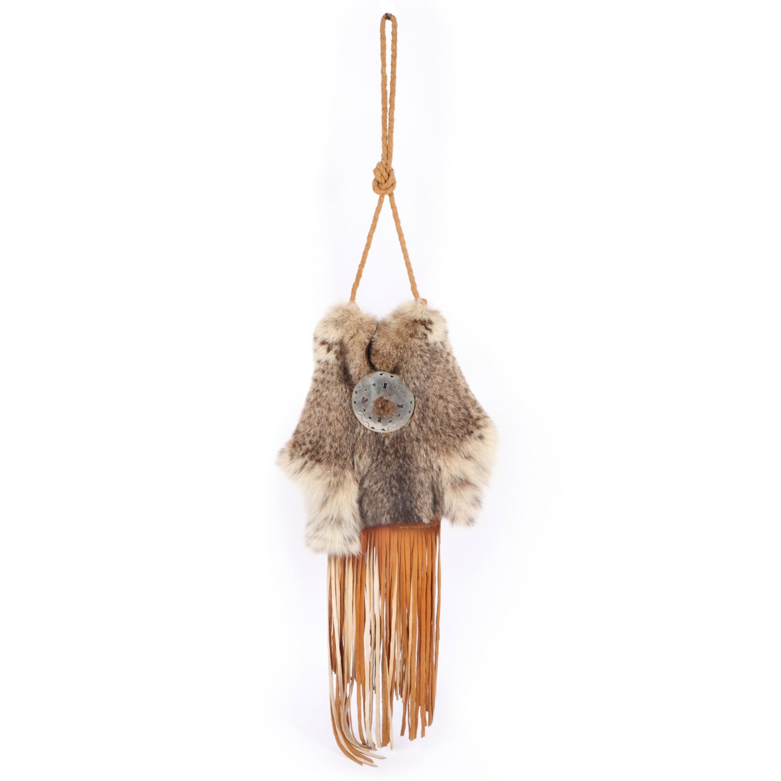 Lance Grabowski Native American style fur and animal hide medicine bag with etched and pierced (1 of 10)