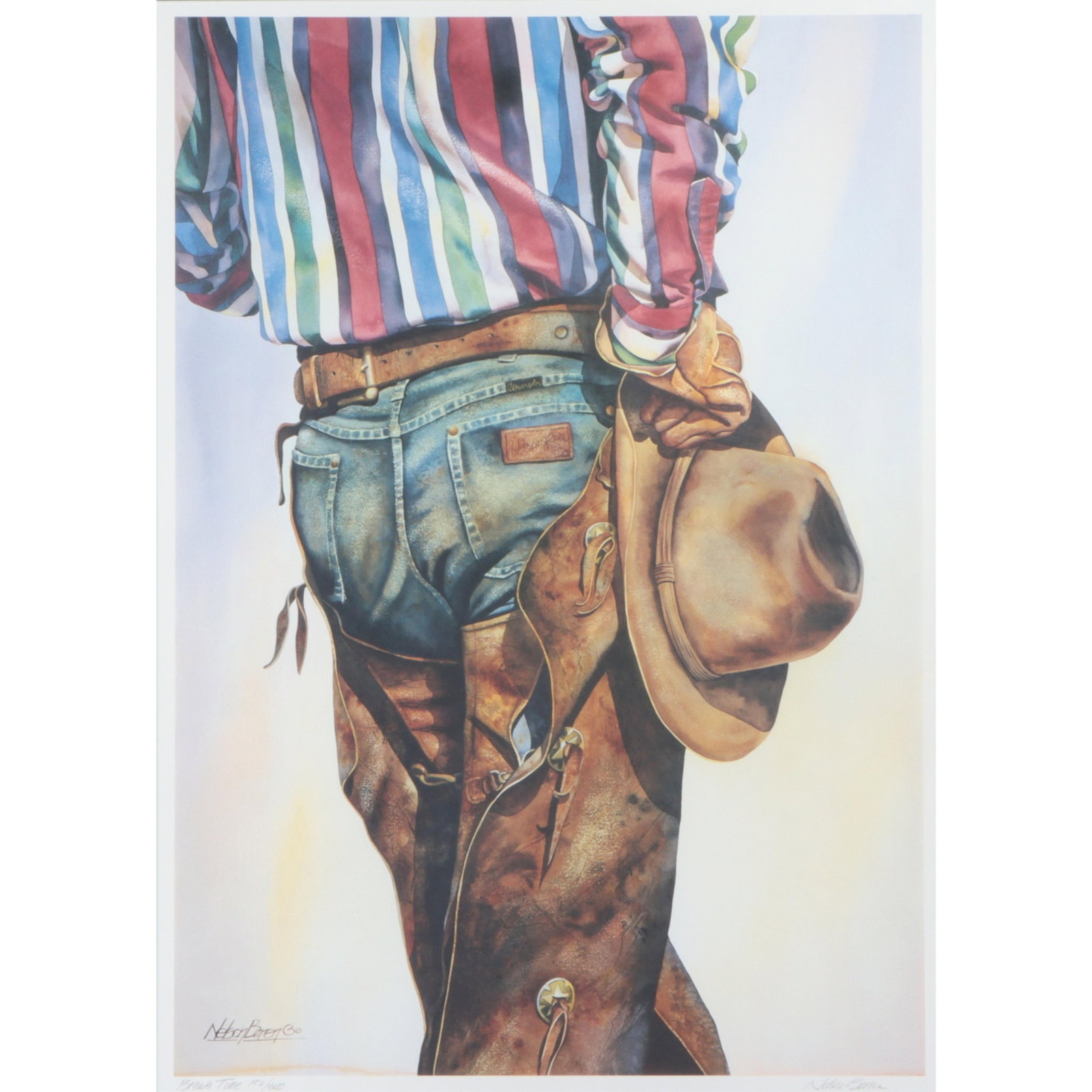 Nelson Boren, American (b. 1952), Break Time, lithograph, 34"H X 24"W(sight), 44"H x 34 1/2'W(frame): Nelson Boren American (b. 1952) Break Time lithograph Pencil signed lower right, numbered 152/300. Provenance: purchased from the Marcus Gallery, 4/26/94. 34"H X 24"W(sight), 44"H x 34 1/2'W(frame)