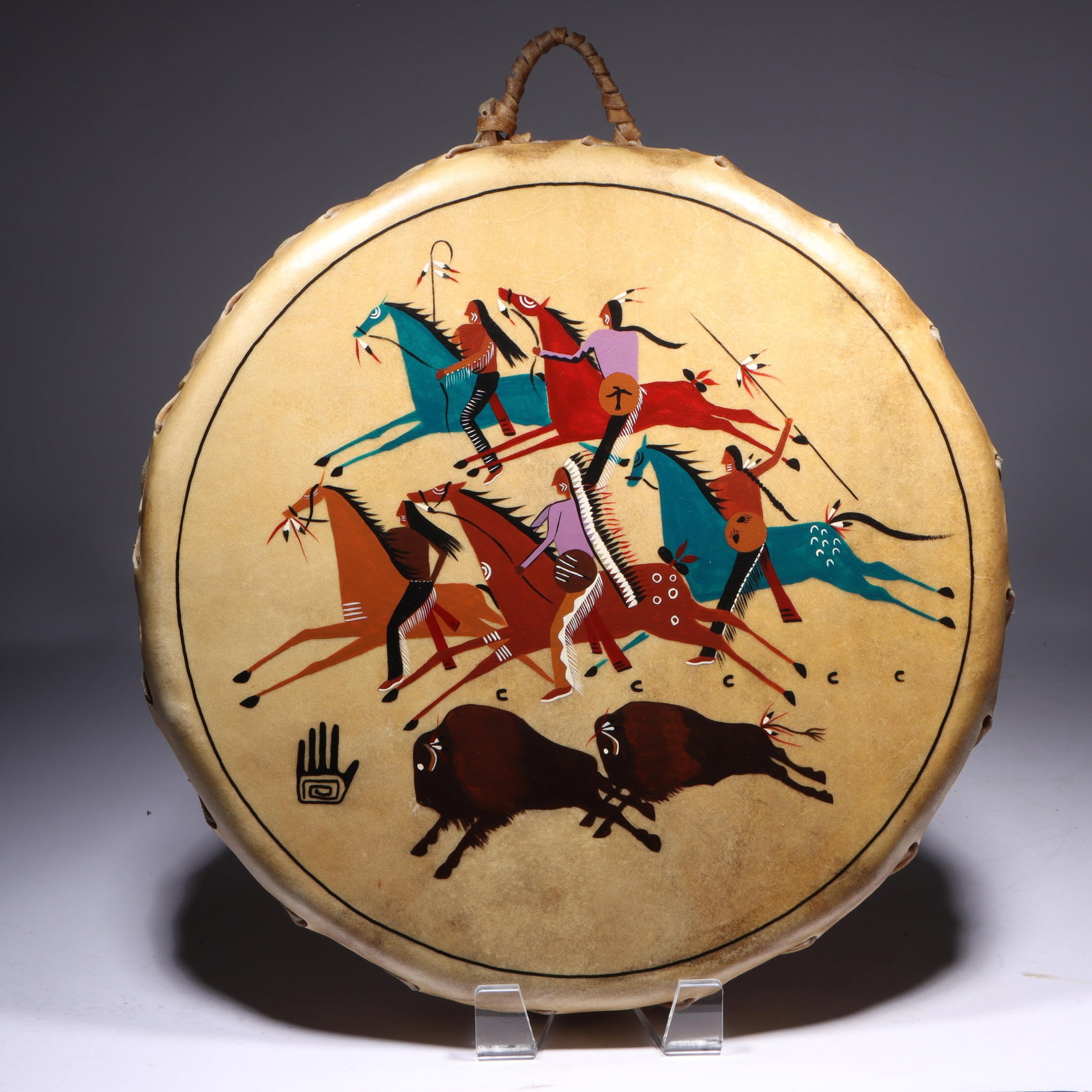 Phillip Martinez Taos Pueblo Native American painted hide drum with buffalo hunting scene 20 (1 of 10)
