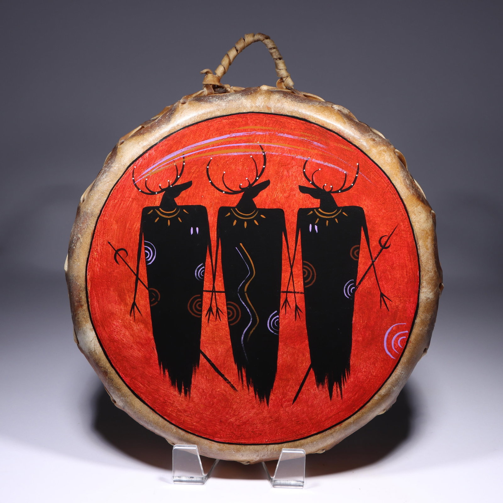 Phillip Martinez Taos Pueblo Native American painted hide drum with three deer figures 19"H x 16 (1 of 14)