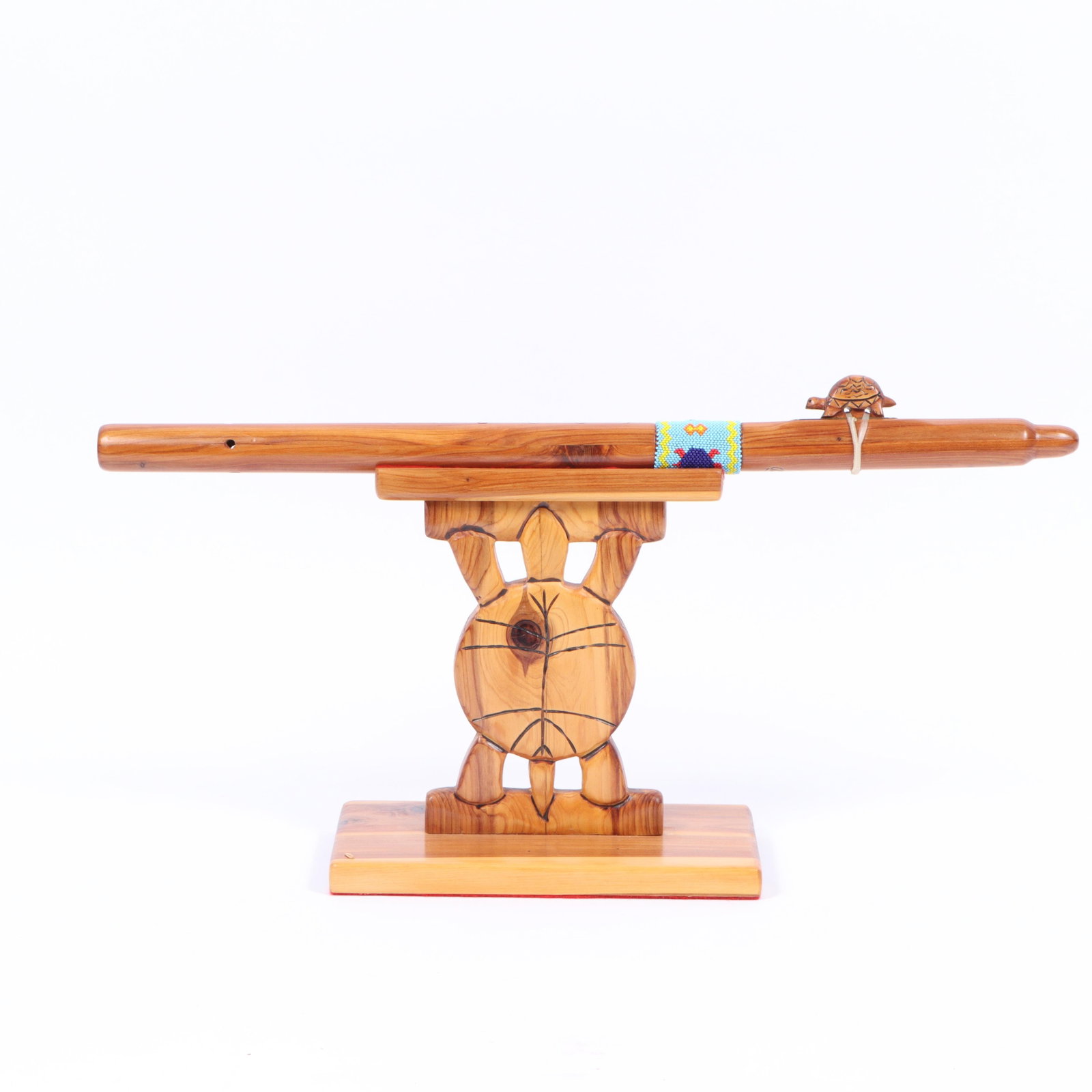 Contemporary Native American style carved wood flute and stand with turtle motif 22 1/2"L (flute), (1 of 12)