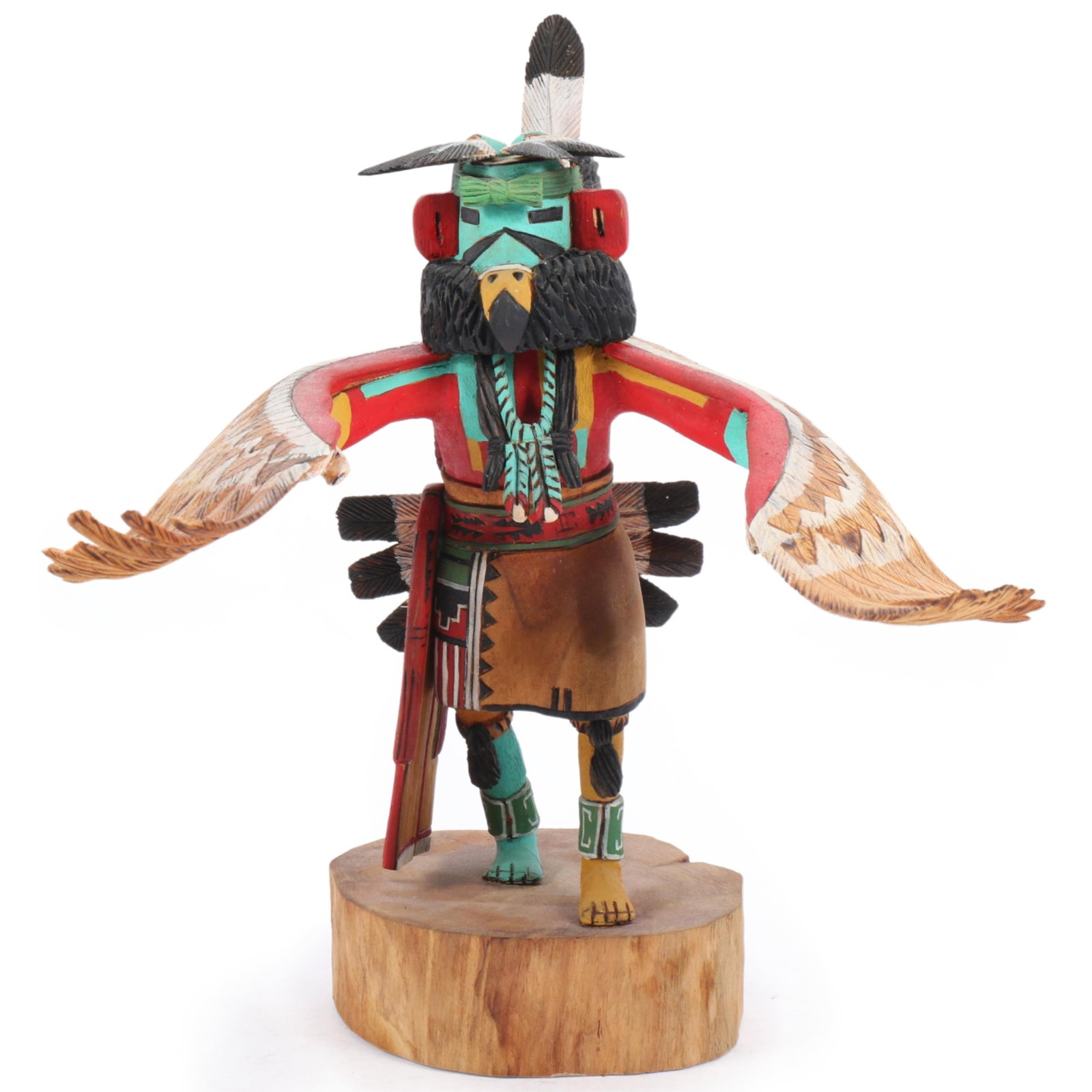 Hopi Native American carved and painted Eagle Dancer Kachina figure signed Silas: Hopi Native American carved and painted Eagle Dancer Kachina figure signed Silas Incised signature under base. Chipped and broken feathers.