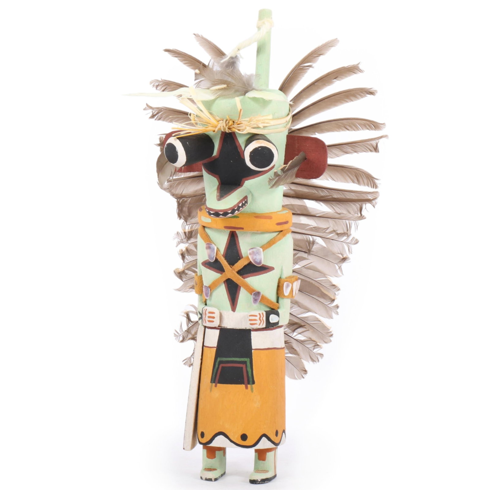Hopi Native American carved and painted Kachina figure with feather headdress by Ron Silas 12"H x 5: Hopi Native American carved and painted Kachina figure with feather headdress by Ron Silas Signed under base. Damage to foot. 12"H x 5 1/2"W x 5"D