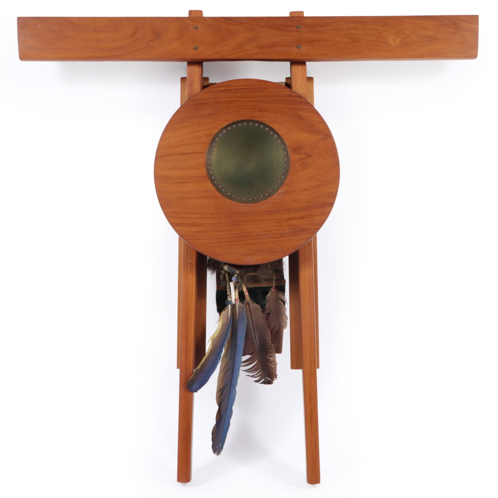 John Herrick “Talisman 12” contemporary wood sculpture with center medallion, suspended: beaded feathers 32"H x 31"WDescription:John Herrick "Talisman 12" contemporary wood sculpture with center medallion, suspended textile and beaded feathersDimensions: 32"H x 31"W