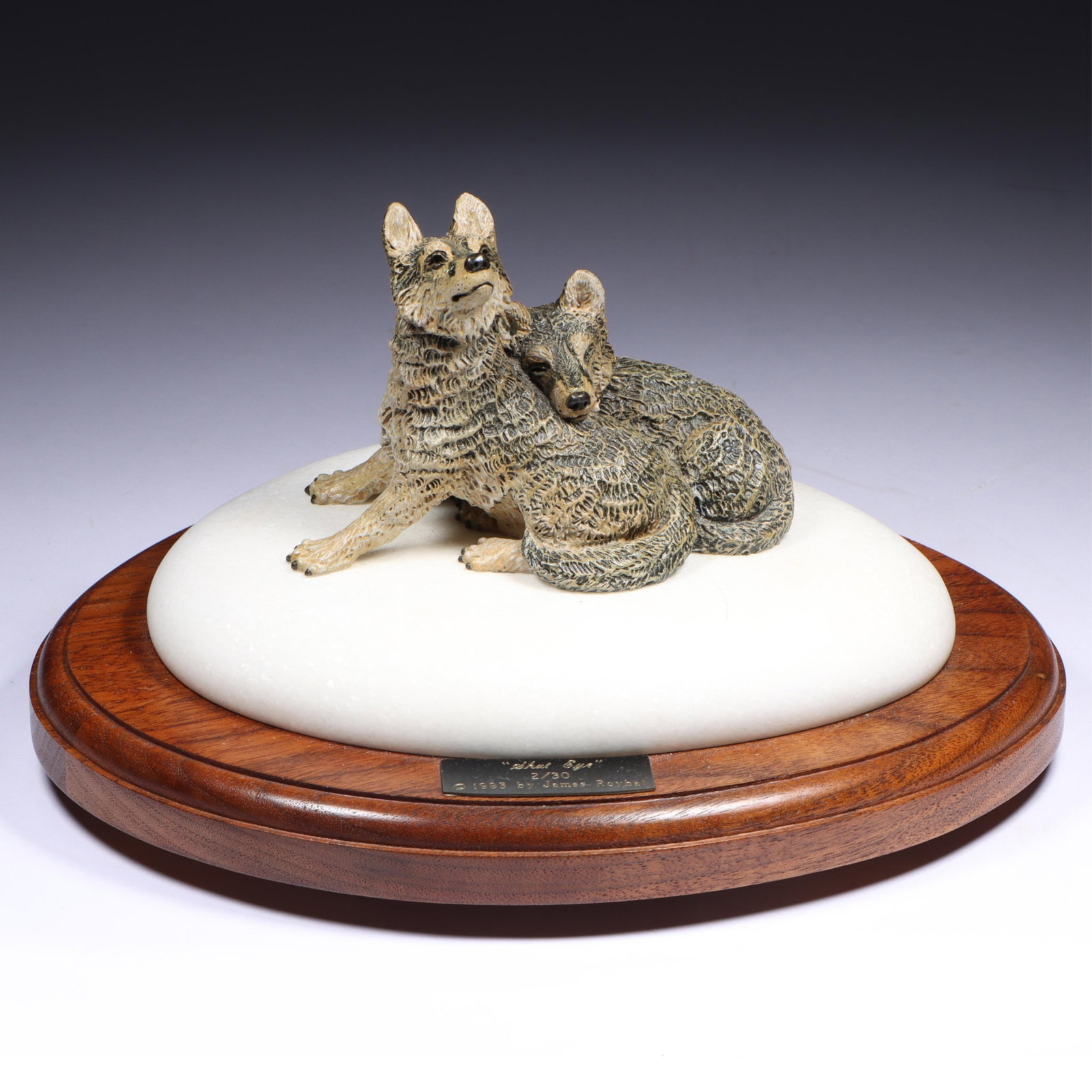 James Roybal, American (b. 1952), Shut Eye, recumbent wolves, 1993, bronze, 5"H x 8 1/2"W: James Roybal American (b. 1952) Shut Eye, recumbent wolves, 1993 bronze Artist plaque on base, numbered 2/30. Biography from the Archives of askART Painter and sculptor James Roybal is known for his r