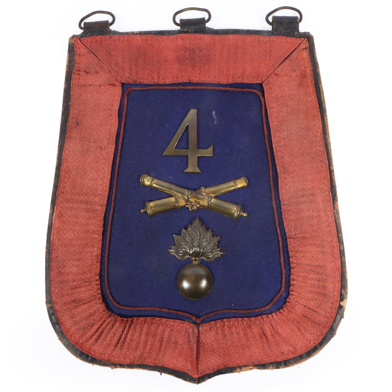 French military leather sabretache with brass artillery emblems, 13 3/4"H x 10 3/4"W (1 of 10)