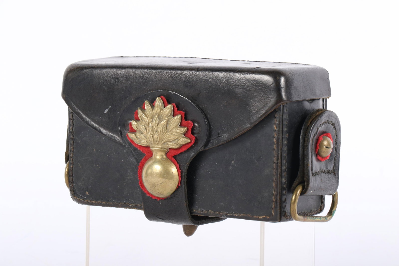 French military leather artillery cartridge box with flaming grenade emblem, c: 1914 3 1/2"H x 7"W x (1 of 12)