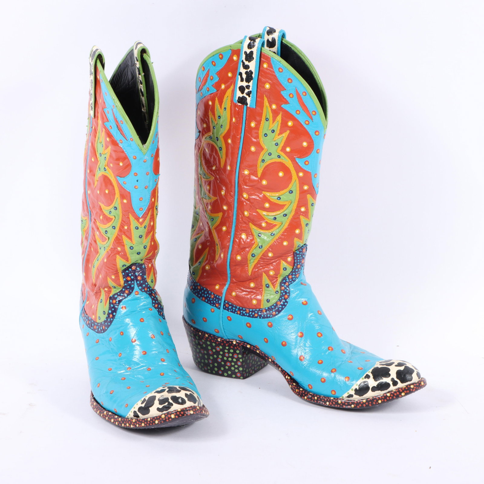 Michael "Hap" Hapner (b. 1953) hand painted Western cowboy boots with polka dot and cow print motif, (1 of 14)
