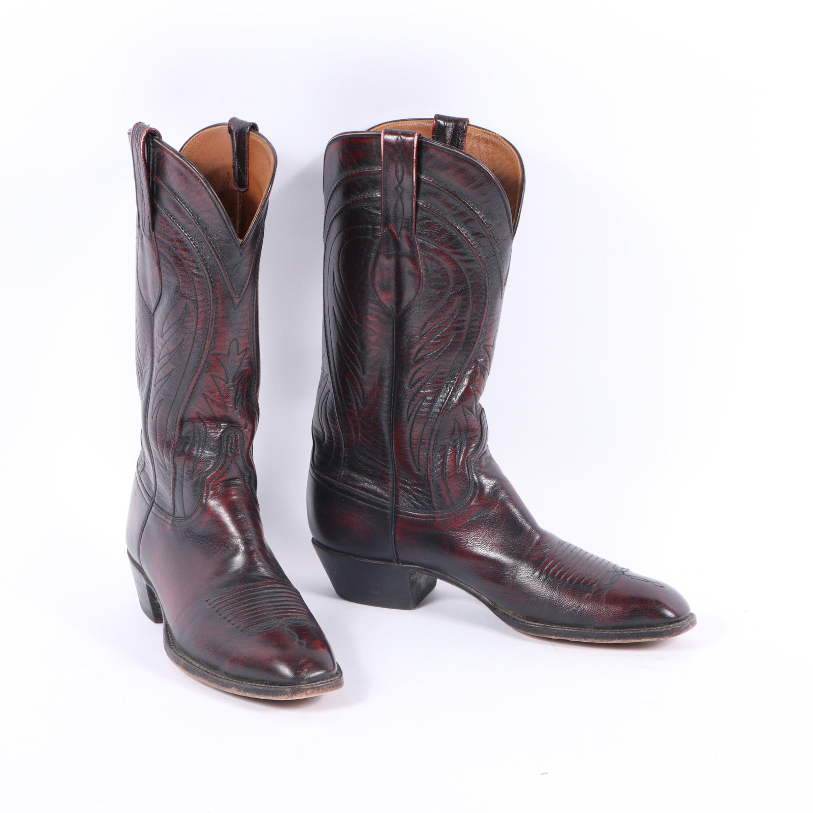 Men's vintage Lucchese black cherry leather Western cowboy boots with decorative stitching, 14 1/4"H (1 of 12)