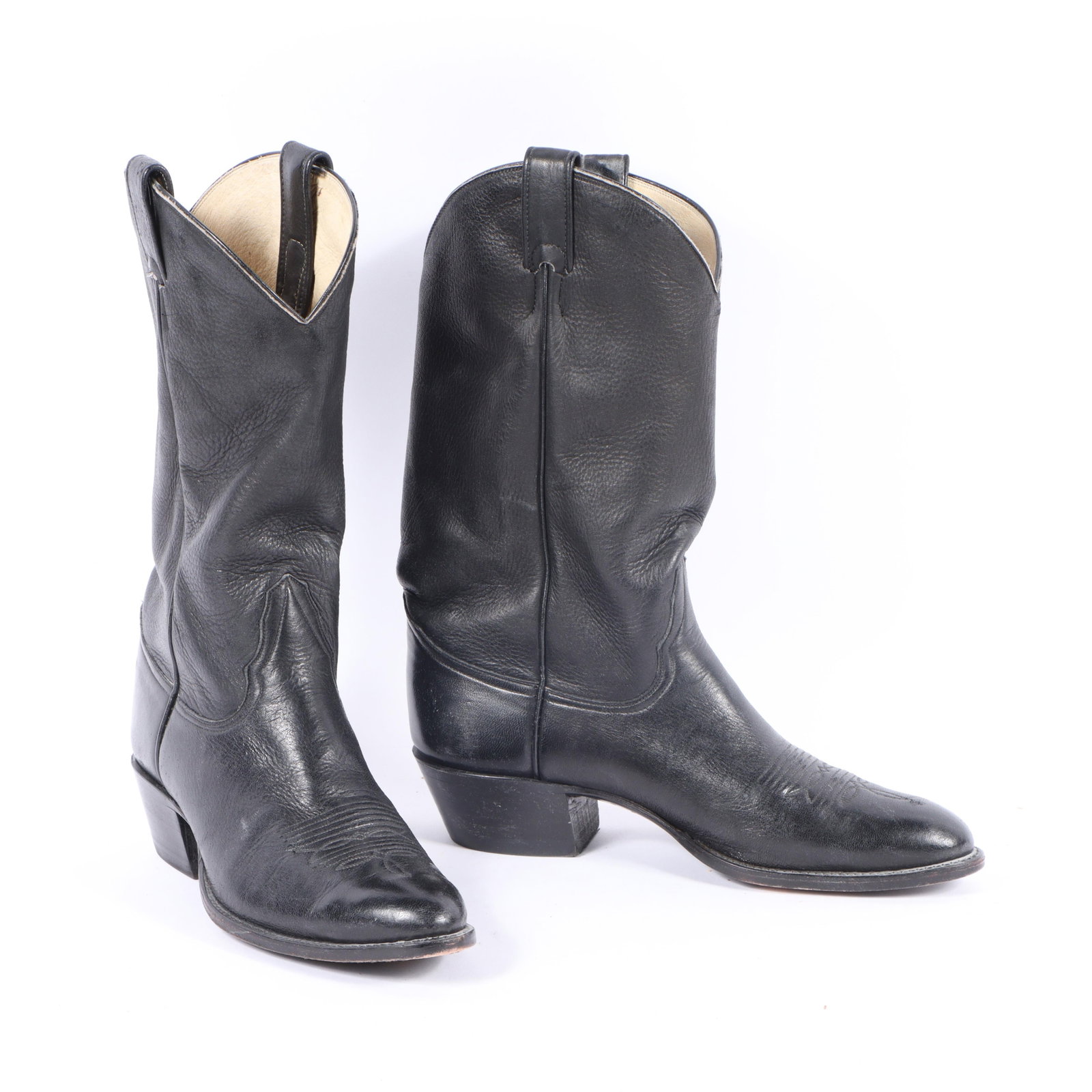 Men's vintage Larry Mahan black leather cowboy boots with classic Western stitching pattern on toe (1 of 12)