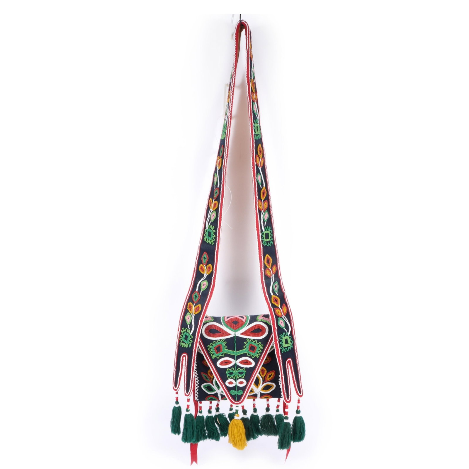 Contemporary Native American floral beaded felt and leather bandolier bag with yarn tassels 15 3/4"H (1 of 11)