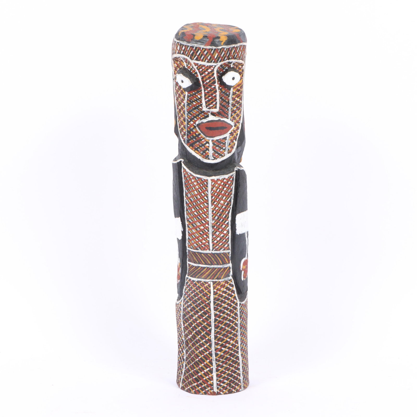 Aboriginal Tiwi island tribal art polychrome carved wood Bima figure, 19 1/2"H x 4 1/2"Diam.: Aboriginal Tiwi island tribal art polychrome carved wood Bima figure Signed "258 JA" under base. A hand-carved wooden figure with intricate painted patterns, likely representing tribal art. The figure