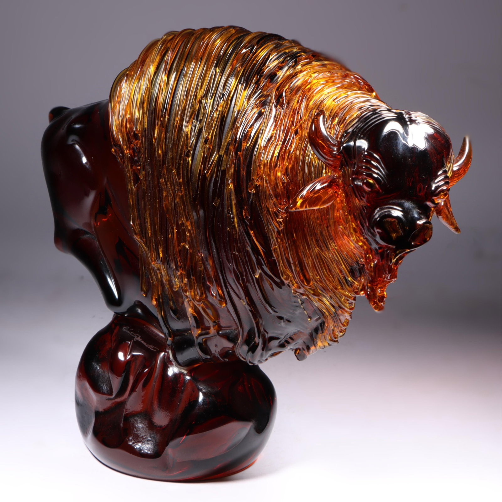 Pino Signoretto Murano amber art glass buffalo bison on lighted base 13"H x 16"W (glass sculpture (1 of 19)