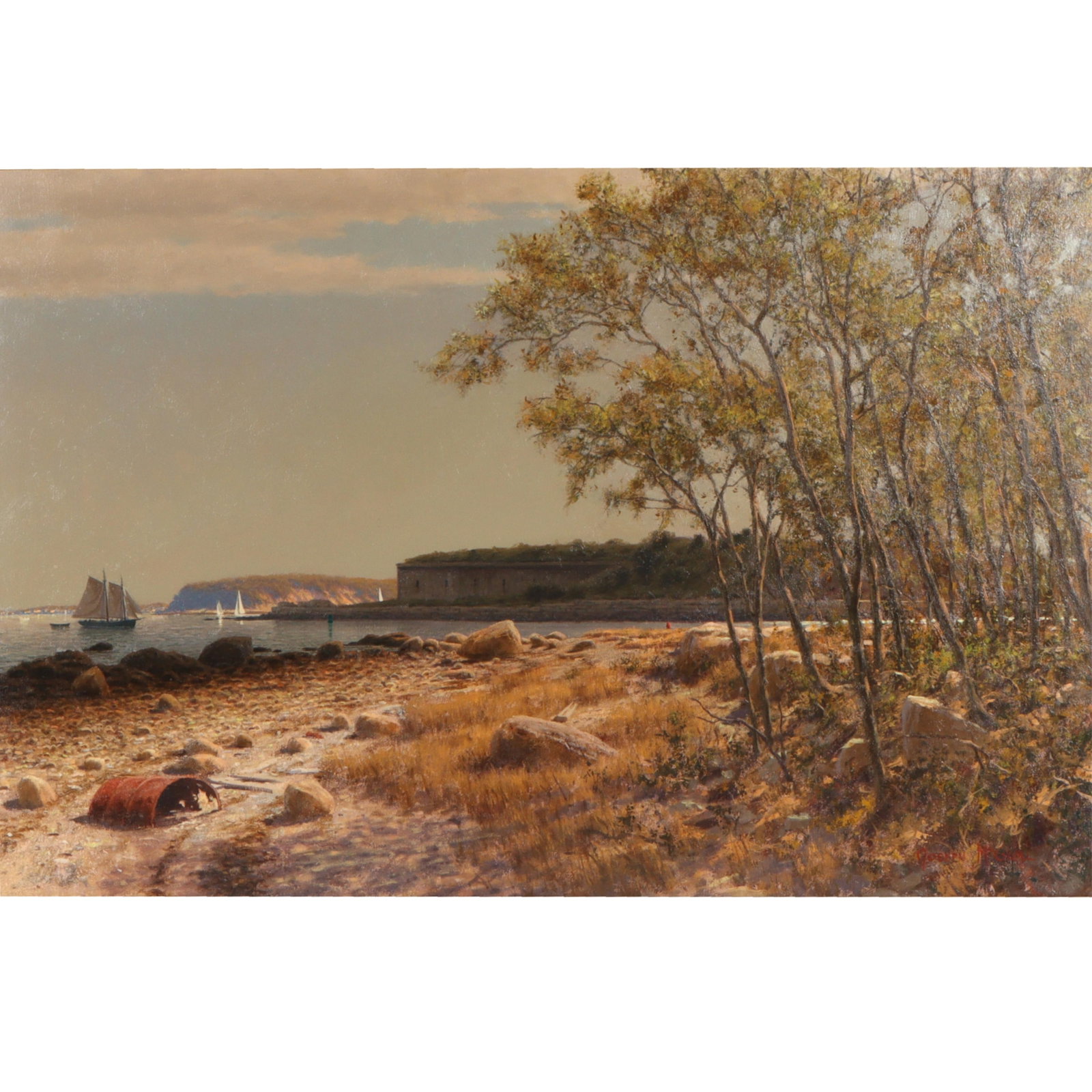 Joseph McGurl, Massachusetts (b. 1958), "View From the Shore", Fort Independence? Boston Harbor: Joseph McGurl Massachusetts (b. 1958) "View From the Shore", Fort Independence? Boston Harbor Islands oil on canvas Signed lower right. Exhibited: Tree's Place Gallery, MA Biography from Hammer Galler