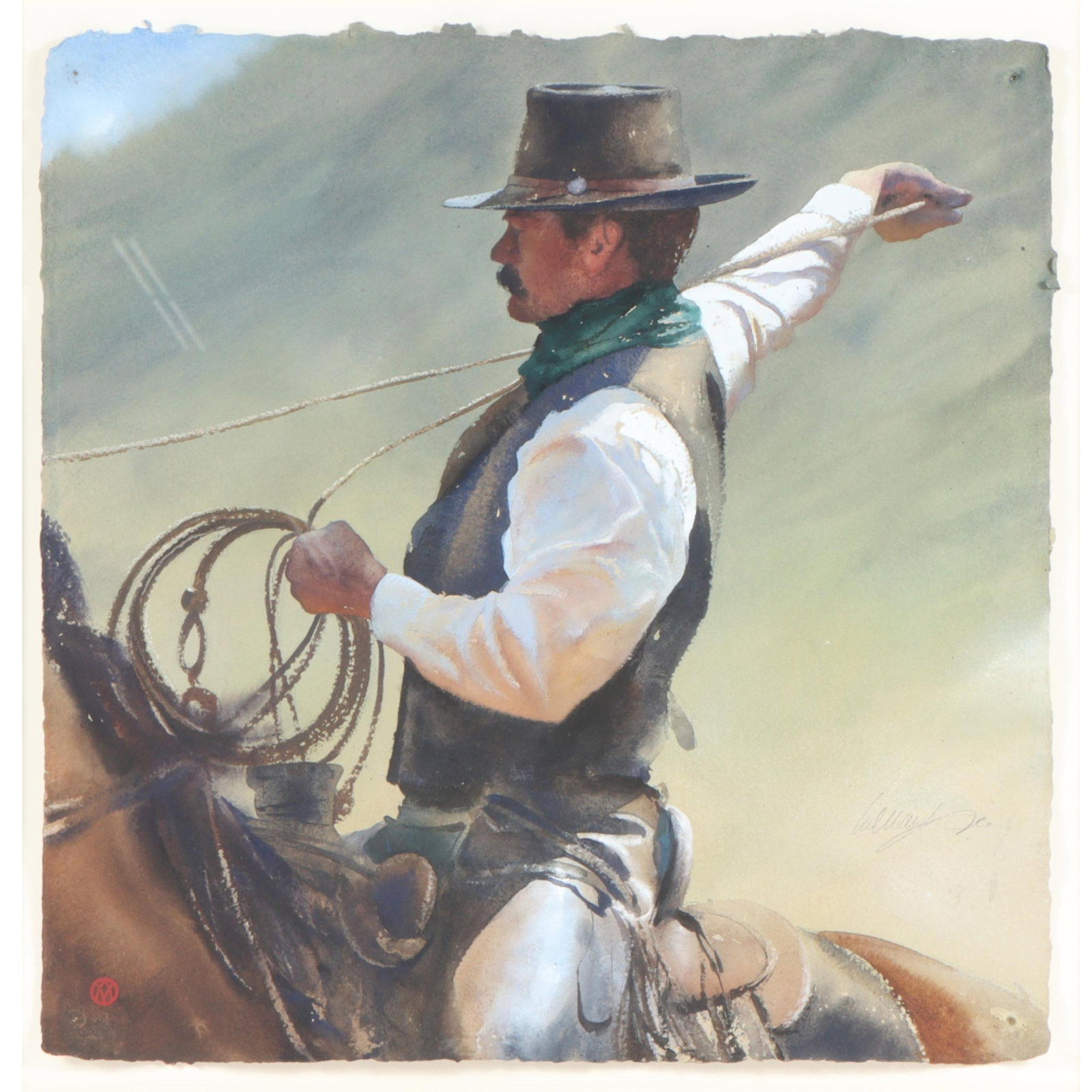 William Matthews, American (b. 1949), No Slack, watercolor on paper, 19"H x 19"W(paper), 29 3/4"H x: William Matthews American (b. 1949) No Slack watercolor on paper Signed lower right. Custom framed by William Matthews Frame Shop. Exhibited: Nedra Matteucci Galleries, NM; Altermann Galleries, NM Bio