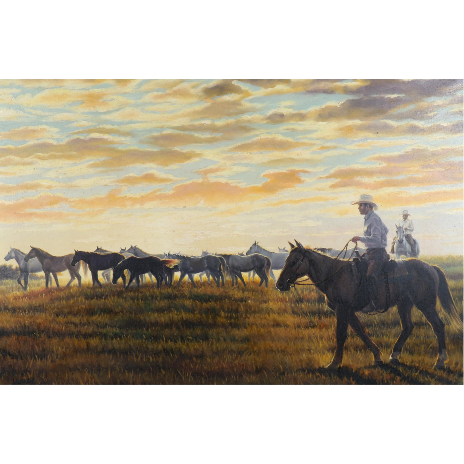 After Tom Cox "Bartlett's" Western landscape with cowboys and horses, oil on canvas 23 1/2? H X 35: After Tom Cox "Bartlett's" Western landscape with cowboys and horses, oil on canvas Signed "Hong?" lower left. 23 1/2? H X 35 1/2? W (sight); 30 1/2? H X 43? W (frame)