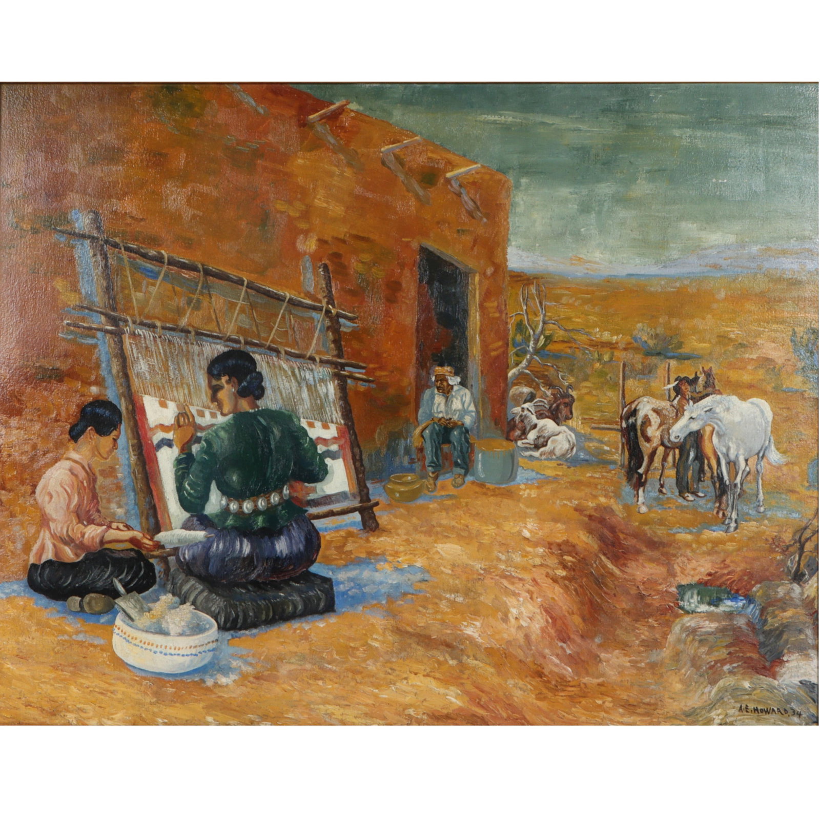 Southwest desert landscape with Native American blanket weaver and figures and adobe structure, oil: Southwest desert landscape with Native American blanket weaver and figures and adobe structure, oil on board, 1934 Signed A.E. Howard and dated lower right. Loose in frame. 30 1/4? H X 38 3/4? W (sigh
