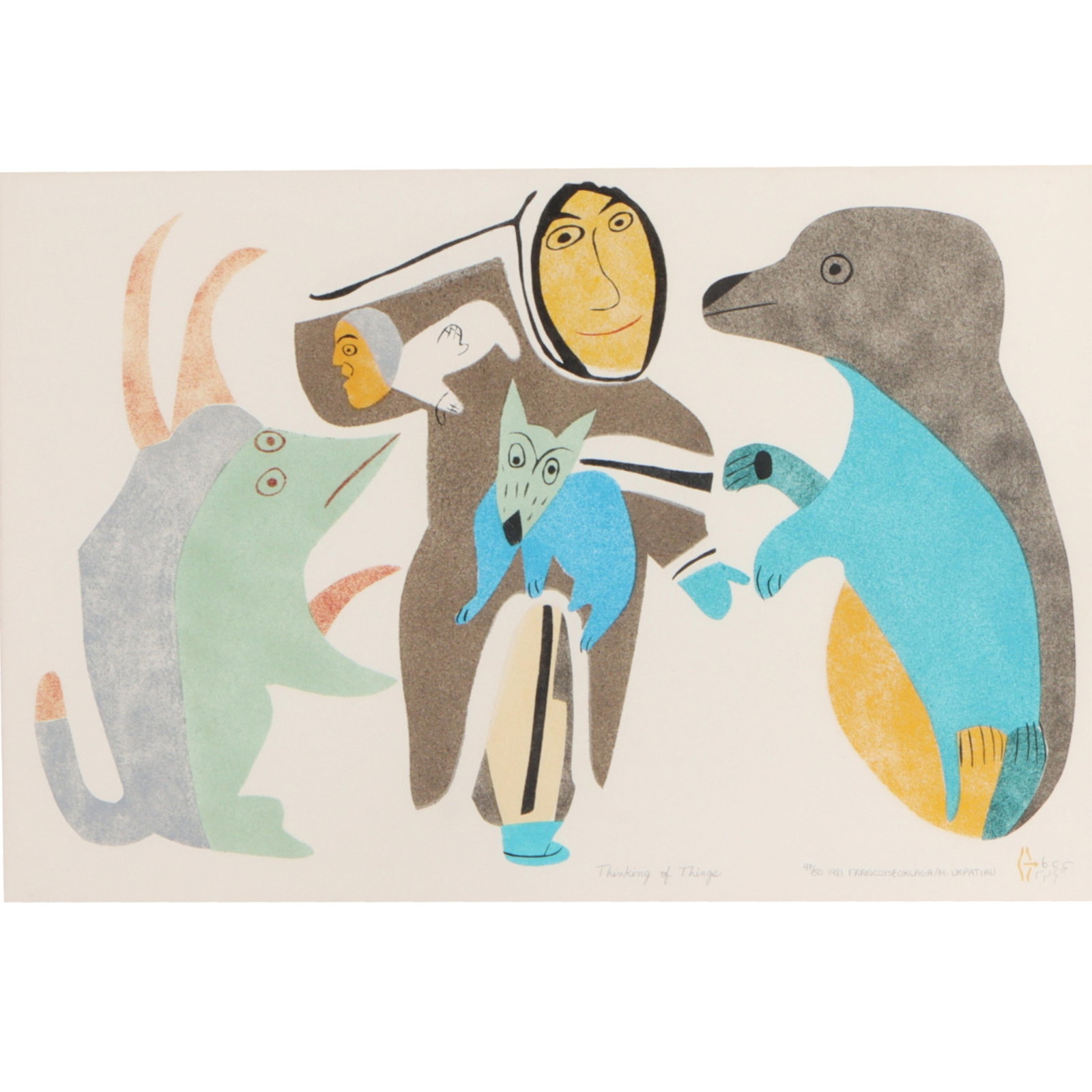 Francoise Oklaga, Southampton Island, Canada (1924-1991), Thinking of Things, 1981, lithograph, 15"H (1 of 8)