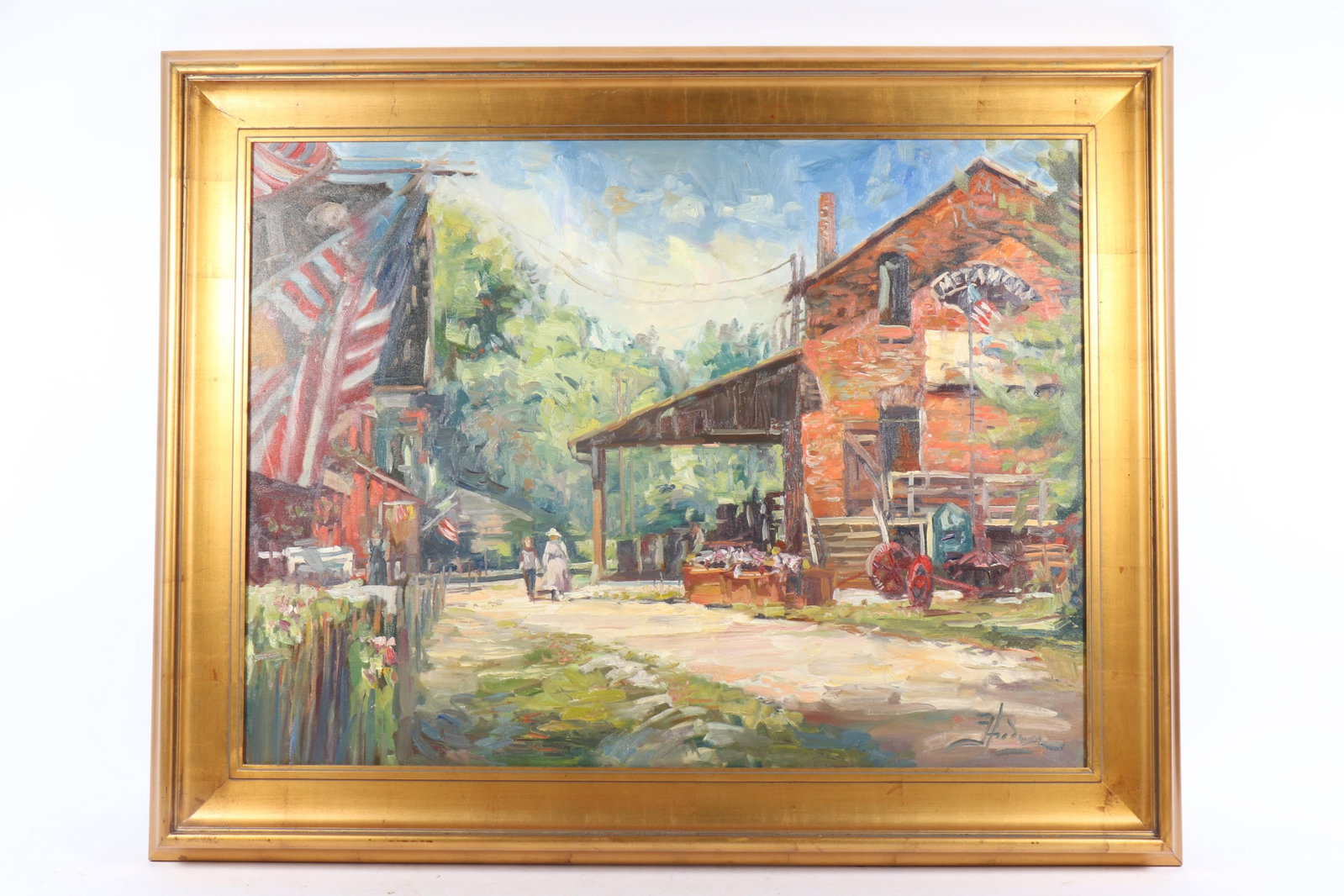 Unknown, (20th Century), Metamora, Indiana historic town scene, LARGE impressionistic scenic: Unknown (20th Century) Metamora, Indiana historic town scene, LARGE impressionistic scenic painting oil on canvas signed lower right. In a gilt frame. 29 1/2"H x 39 1/2"W (sight), 39"H x 49"W (frame)