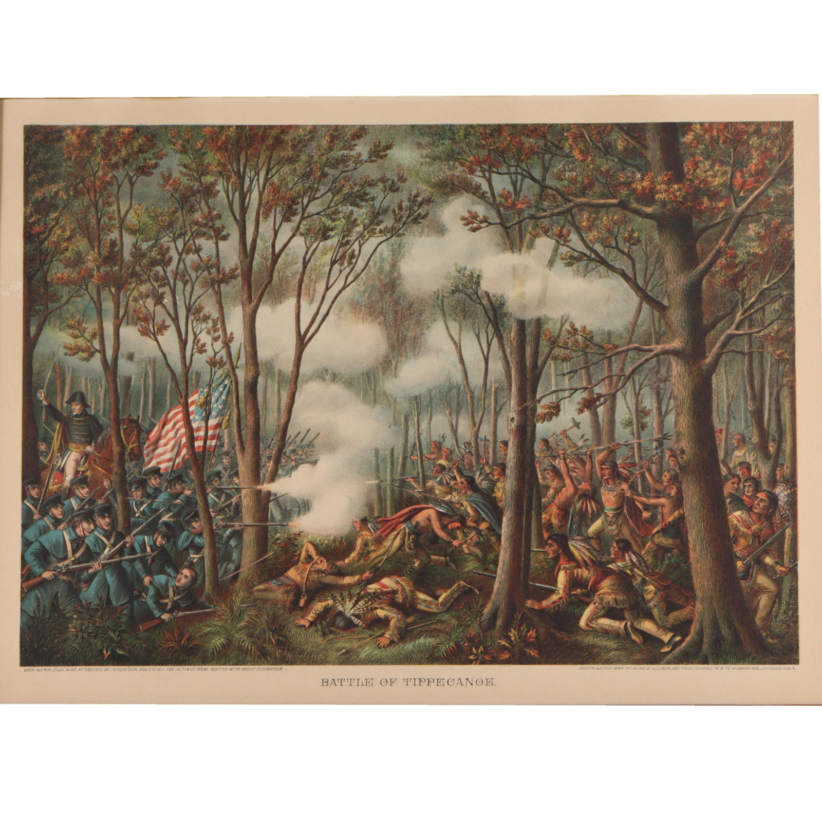 Framed art print depicting the Battle of Tippecanoe chromolithograph, a historical conflict fought (1 of 14)