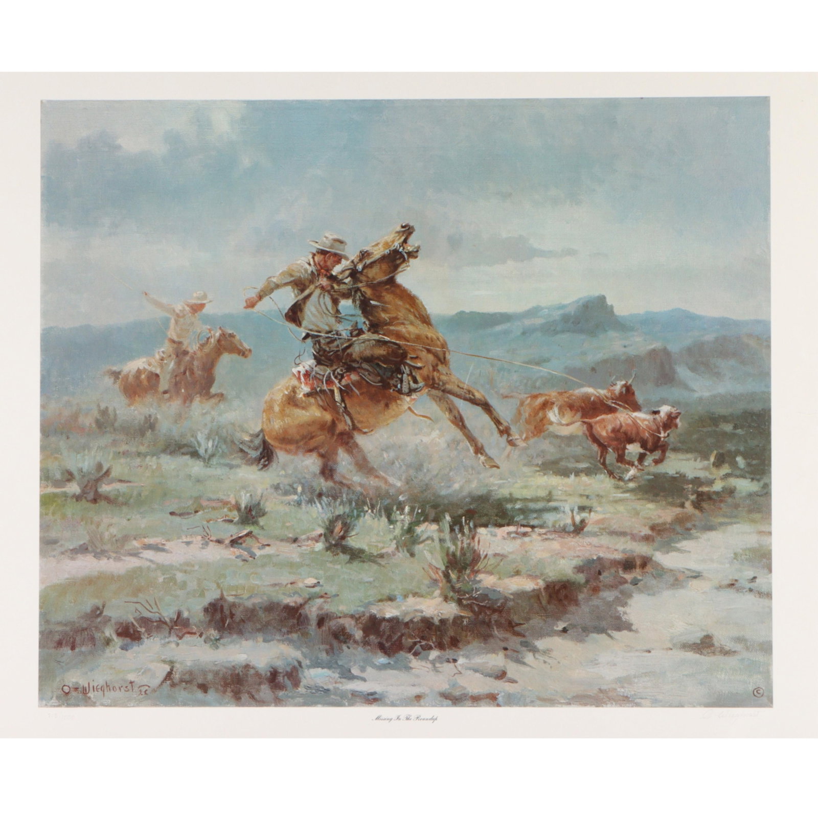 Olaf Wieghorst signed framed lithograph print titled "Missing in the Roundup", c.1974. 29? H x 35? W (1 of 11)