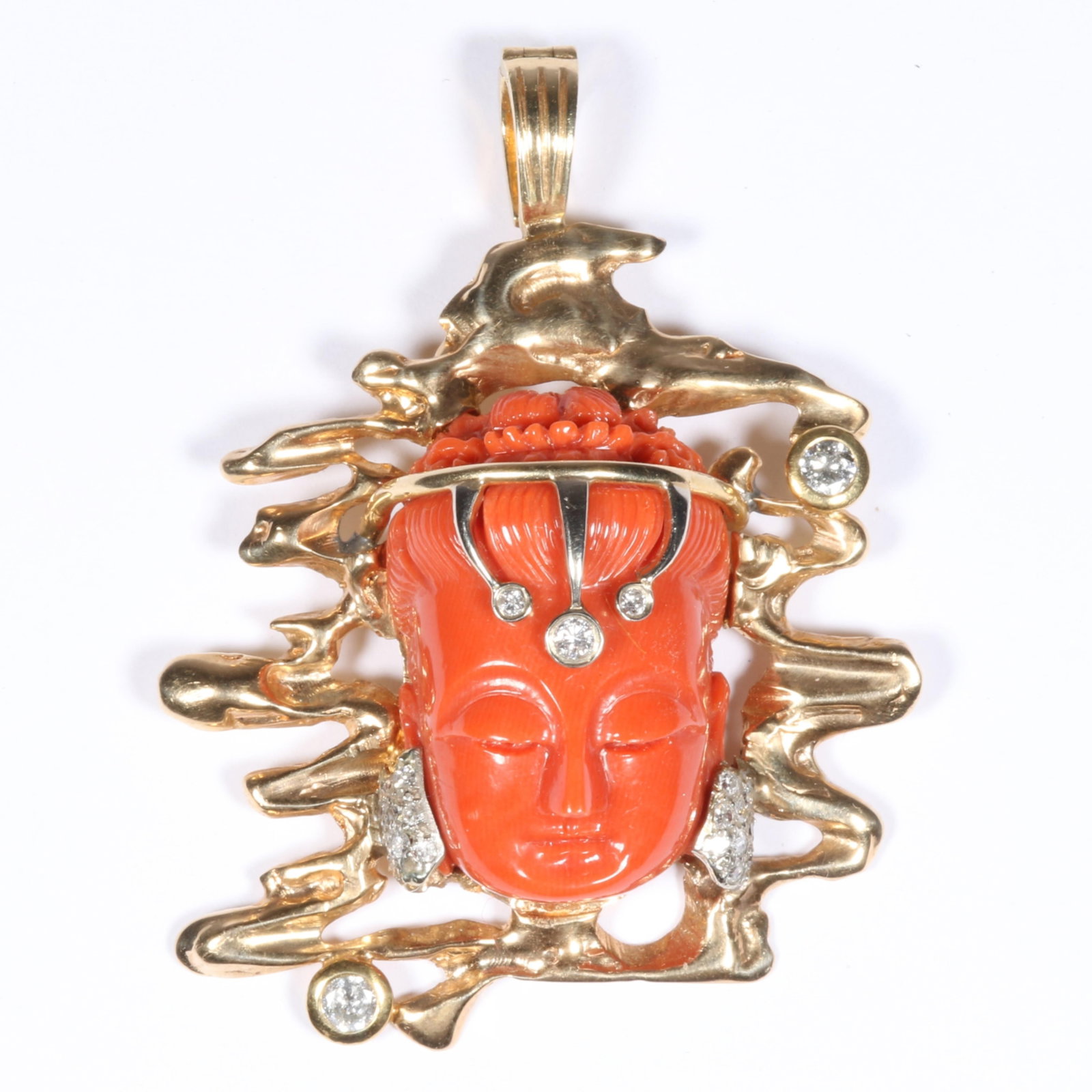 14K Yellow Gold Coral and Diamond Guanyin or Kuan Yin, the Chinese Goddess of Mercy and Compassion: 14K Yellow Gold Coral and Diamond Guanyin or Kuan Yin, the Chinese Goddess of Mercy and Compassion Pendant with .51tcw of Diamonds 19.20 dwt. 5 - rbd's .37tcw 18 scrd's .14tcw The purchase of gold req