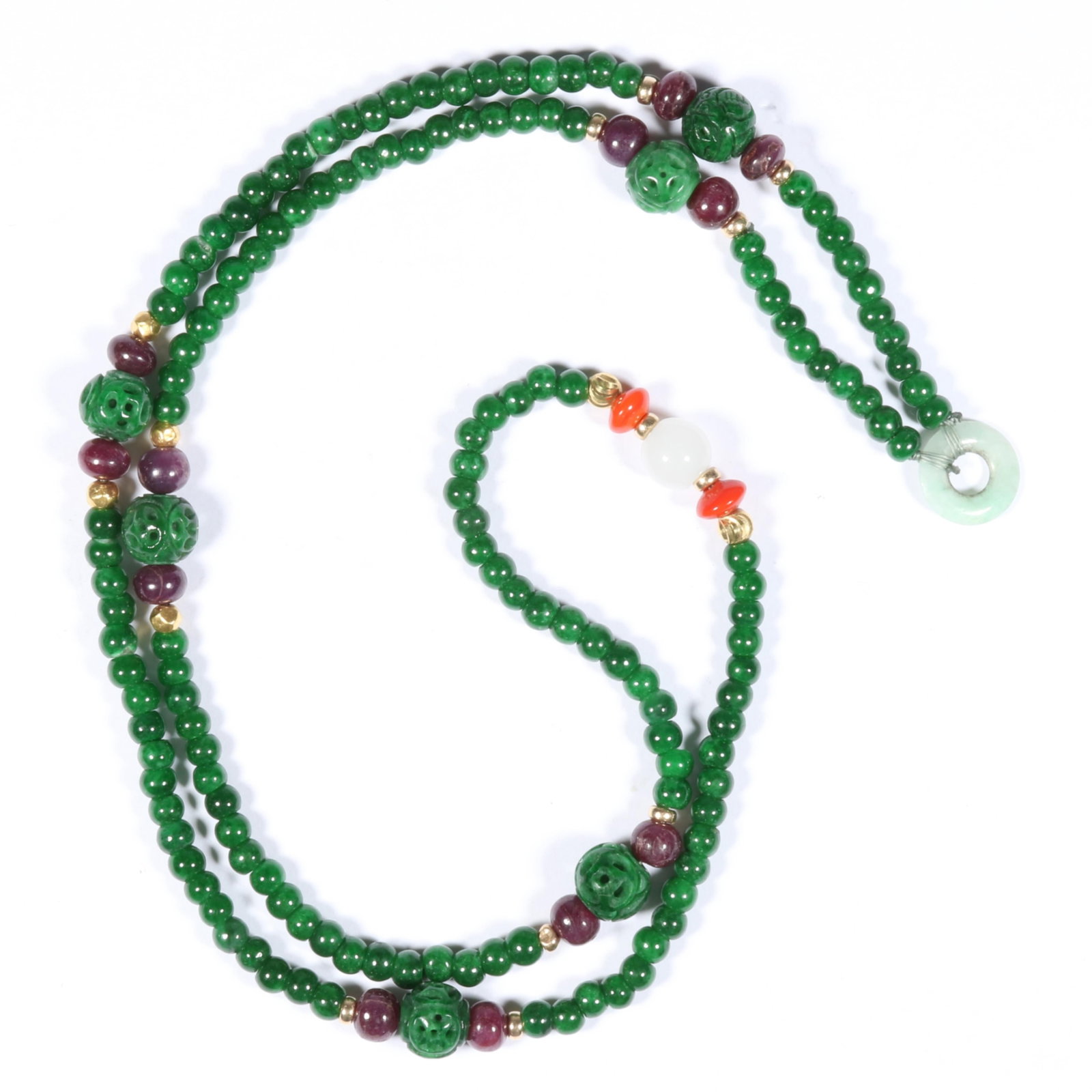 14K Gold Hunter Green, Celadon, and Icy Chinese Jadeite Jade, Ruby and Glass Beaded Necklace with: 14K Gold Hunter Green, Celadon, and Icy Chinese Jadeite Jade, Ruby and Glass Beaded Necklace with Six Larger Carved Chinese Jadeite Jade Beads 13.30dwt. Fine semi-translucency in very good condition w