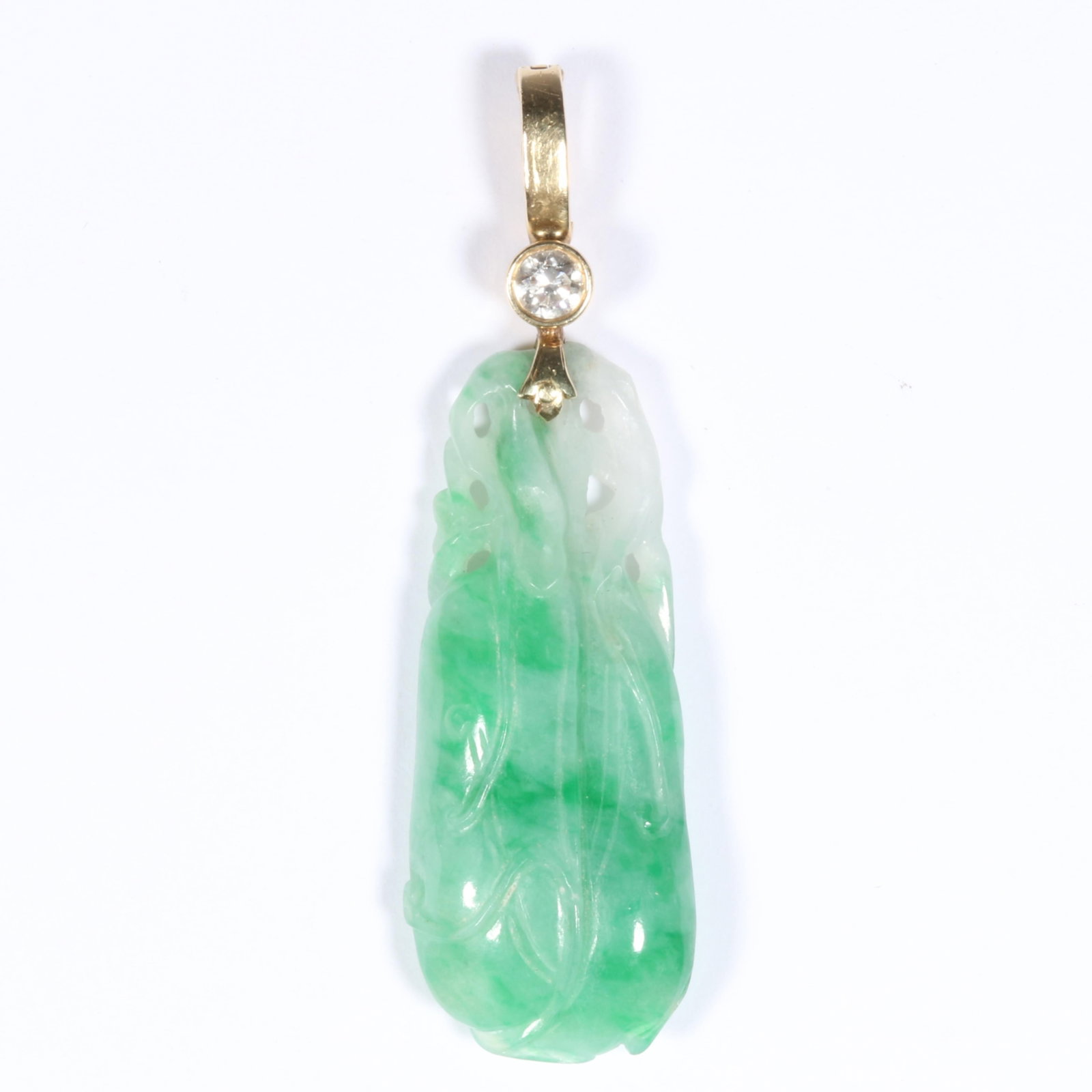 14K Yellow Gold Icy White Variegated Apple Green Chinese Jadeite Jade Full Carving Gourd or Hulu and: 14K Yellow Gold Icy White Variegated Apple Green Chinese Jadeite Jade Full Carving Gourd or Hulu and Diamond Pendant Enhancer with Gourd Representing Health, Longevity, and Prosperity 8.93 dwt. Jadeit