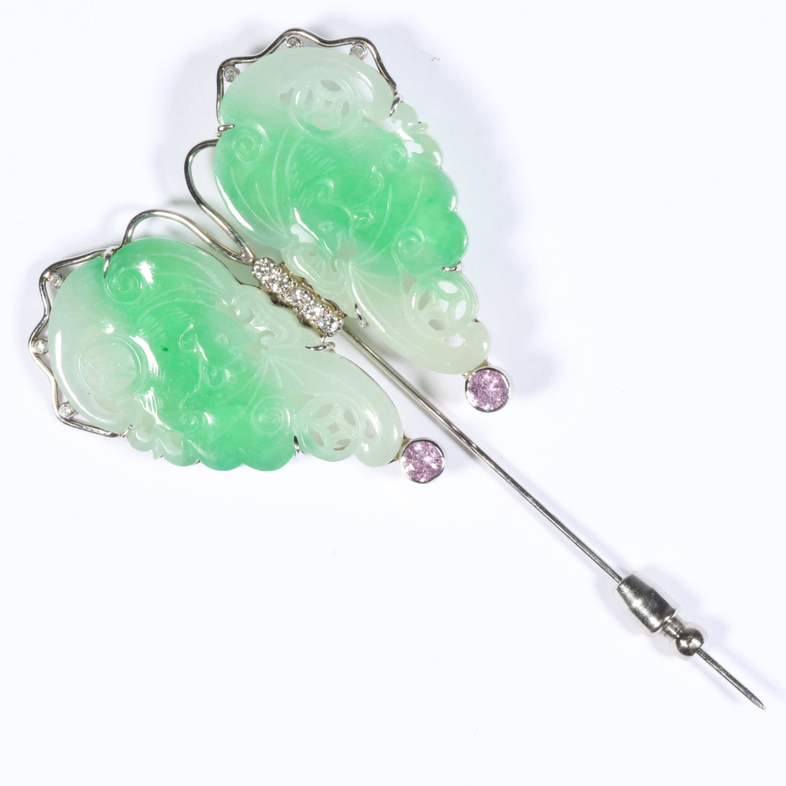 14K White Gold Chinese Jadeite Jade, Diamond, and Pink Sapphire Stick Pin Brooch with Carved Chinese: 14K White Gold Chinese Jadeite Jade, Diamond, and Pink Sapphire Stick Pin Brooch with Carved Chinese Jadeite Butterfly Wings Embellished with Figural Bats 8.36 dwt. (without pin back) Jadeite is in go