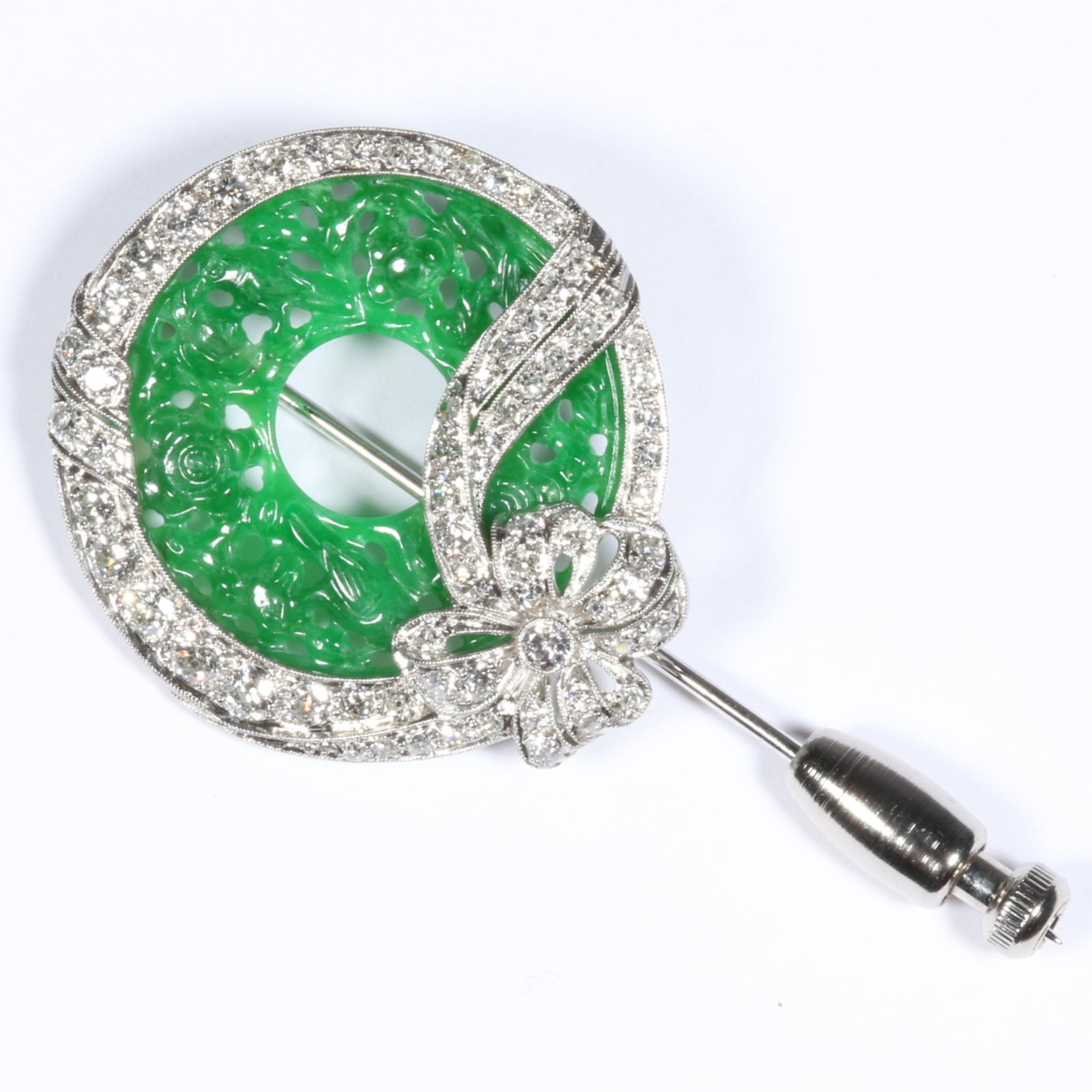 Platinum and 14K White Gold Apple Green Chinese Jadeite Jade and Diamond Stick Pin, with Identical: Platinum and 14K White Gold Apple Green Chinese Jadeite Jade and Diamond Stick Pin, with Identical Carving on Both Sides, Unmarked, Tested 5.20 dwt. without the pin back Excellent quality jadeite with