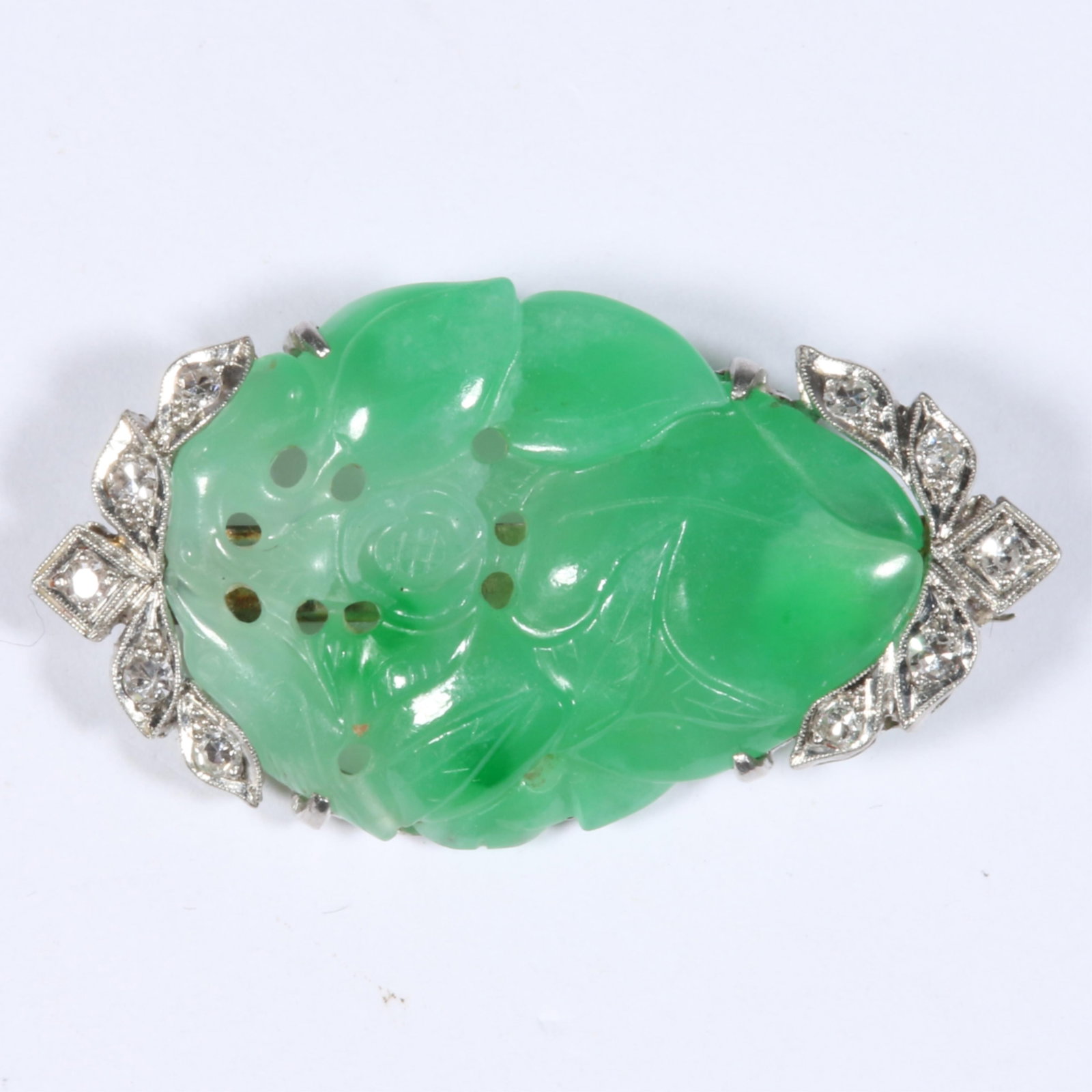 18K White Gold Fully Carved Apple Green Chinese Jadeite Jade and Diamond Brooch, Unmarked, Tested 1: 18K White Gold Fully Carved Apple Green Chinese Jadeite Jade and Diamond Brooch, Unmarked, Tested 5.06 dwt. The jadeite jade possesses fine semi-translucency, is in very good condition with no chips, 