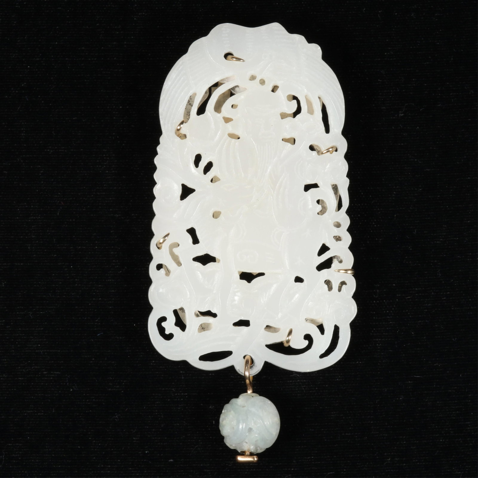 14K Yellow Gold and Sterling Silver Icy White Nephrite Jade Clip Carved with Image of Wiseman and: 14K Yellow Gold and Sterling Silver Icy White Nephrite Jade Clip Carved with Image of Wiseman and Stag 33.22 dwt. The purchase of gold requires confirmed funds. 3 3/4"H x 1 3/4"W x 1/2"Depth of item (