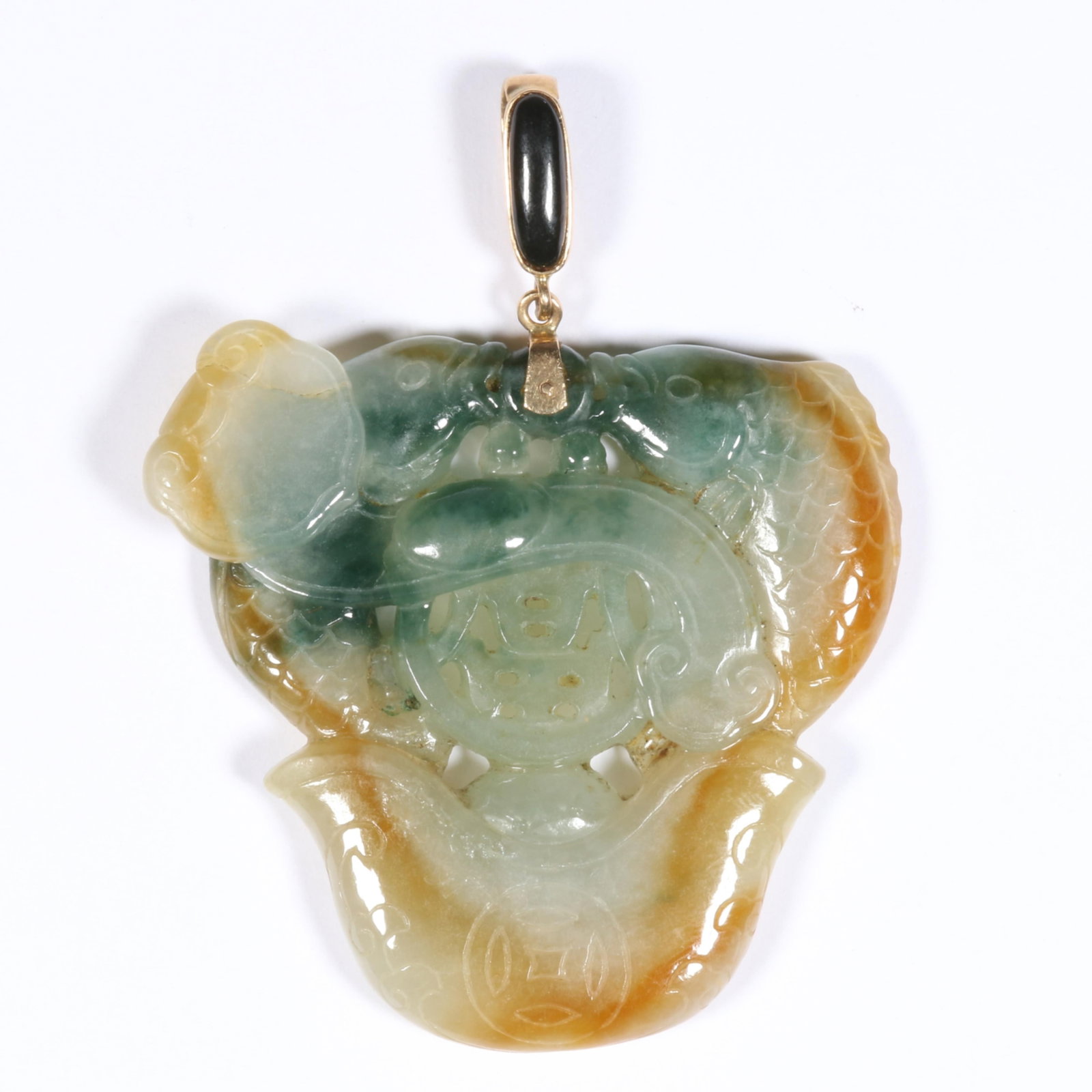 14K Yellow Gold Fully Carved Celadon Green and Honey Russet Chinese Jadeite Jade Pendant with (1 of 9)