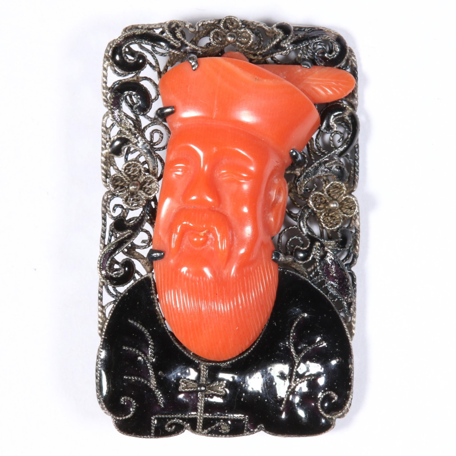 Vintage Chinese Export Silver Filigree Enamel and Carved Coral General Tso Brooch 1 5/8"H x 1 1/8"W: Vintage Chinese Export Silver Filigree Enamel and Carved Coral General Tso Brooch 1 5/8"H x 1 1/8"W